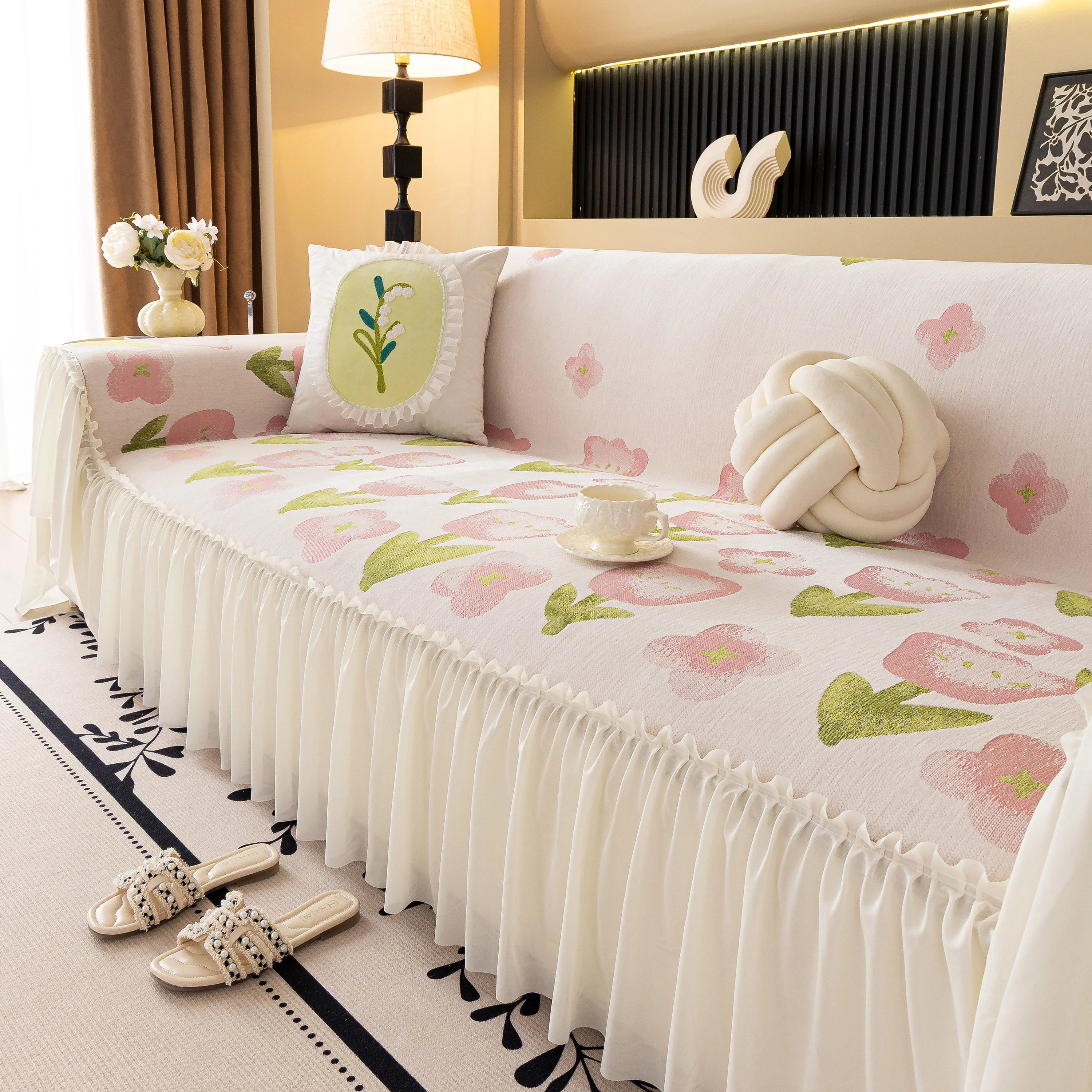 Ruffled Sweet Floral Sofa Cover with Skirt, Soft and Decorative Couch Throw Cover - Image 25