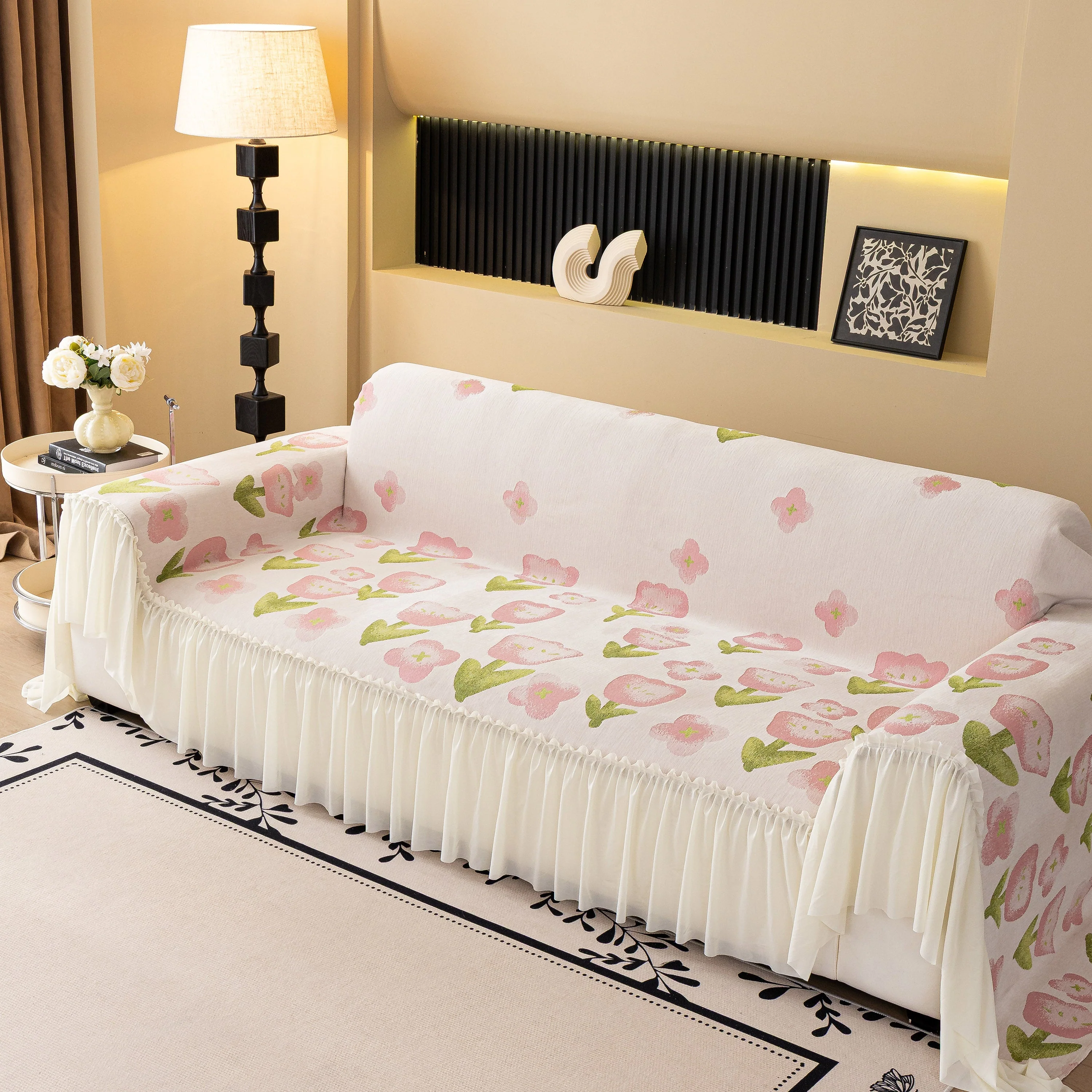 Ruffled Sweet Floral Sofa Cover with Skirt, Soft and Decorative Couch Throw Cover - Image 26