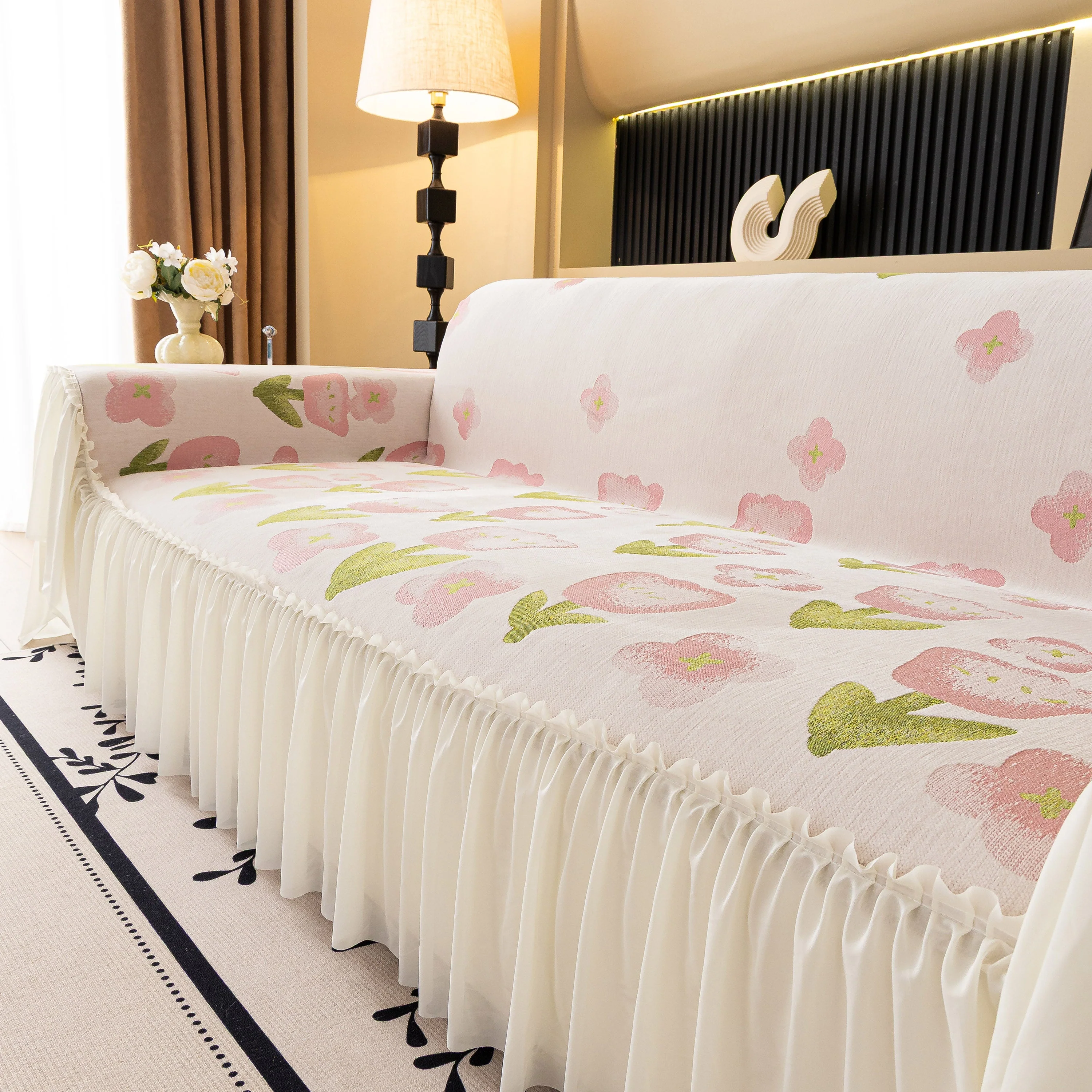Ruffled Sweet Floral Sofa Cover with Skirt, Soft and Decorative Couch Throw Cover - Image 27