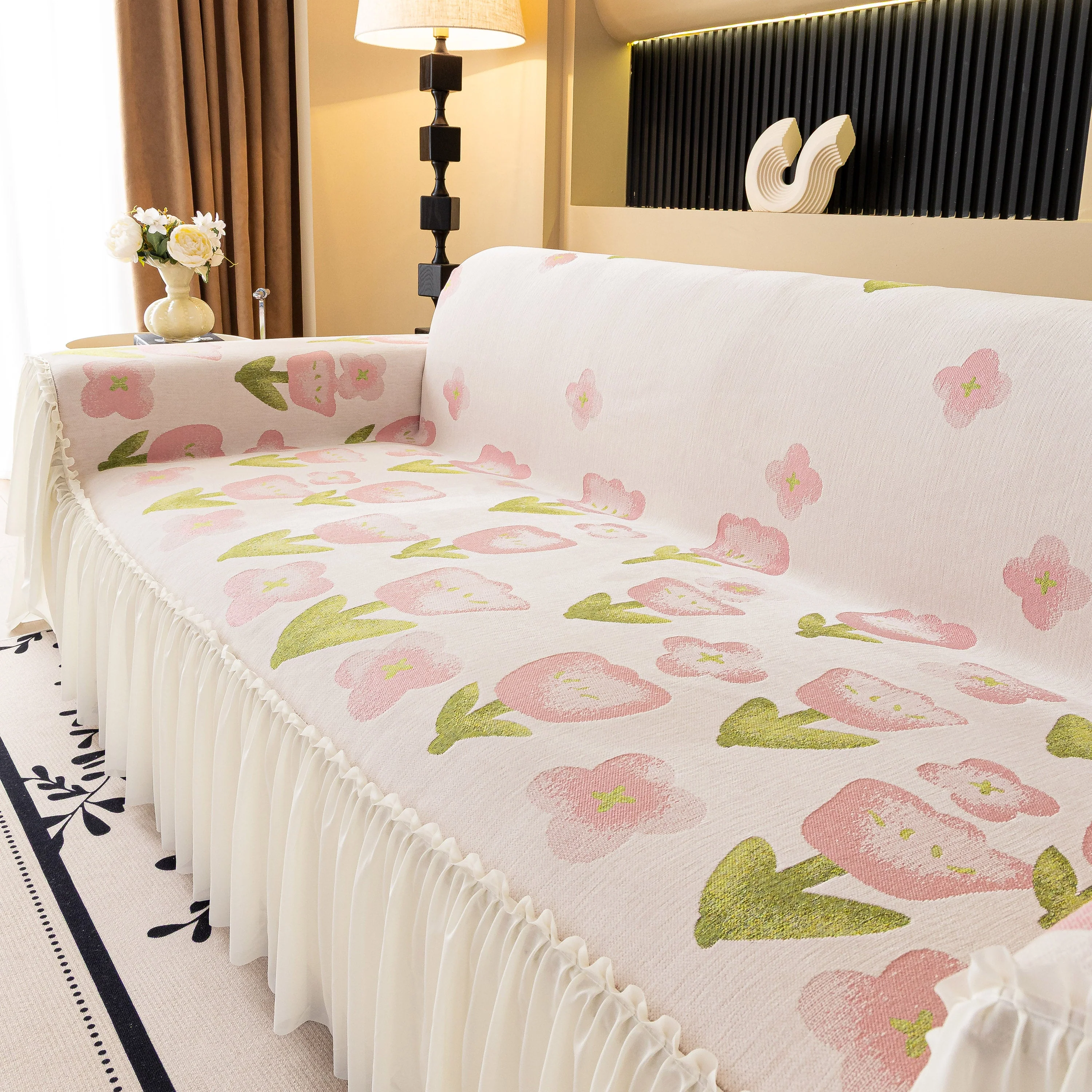 Ruffled Sweet Floral Sofa Cover with Skirt, Soft and Decorative Couch Throw Cover - Image 28