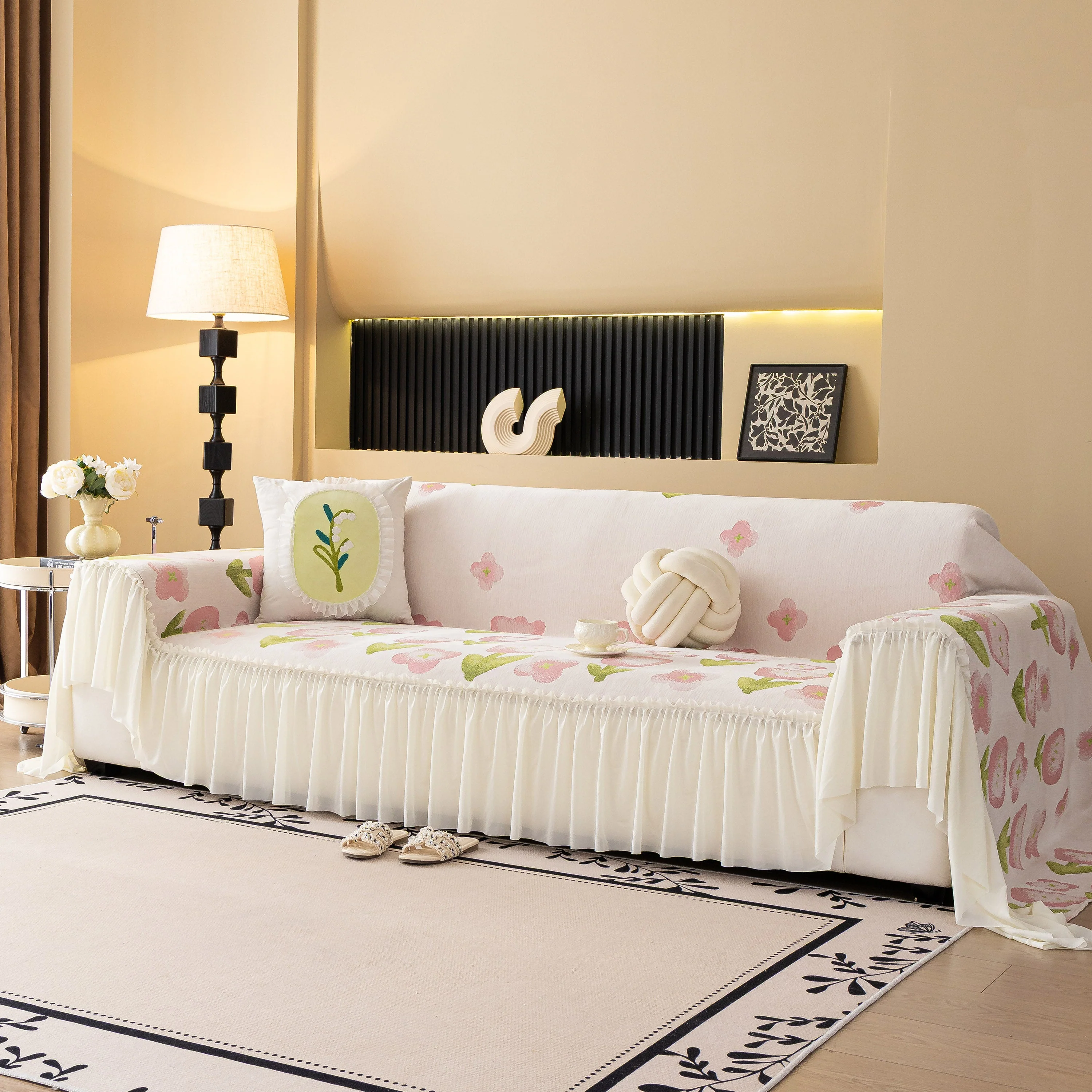 Ruffled Sweet Floral Sofa Cover with Skirt, Soft and Decorative Couch Throw Cover - Image 29