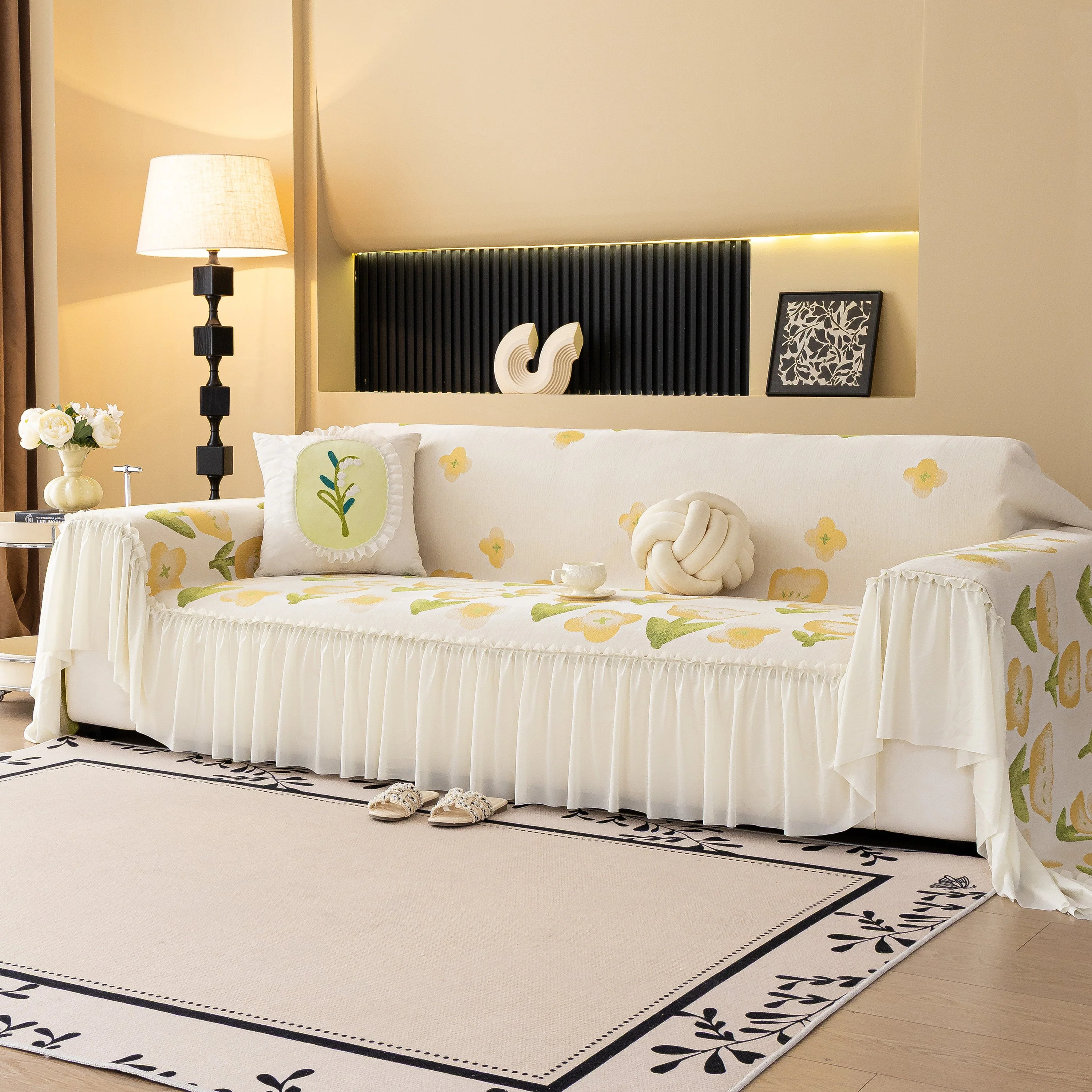 Ruffled Sweet Floral Sofa Cover with Skirt, Soft and Decorative Couch Throw Cover - Image 3