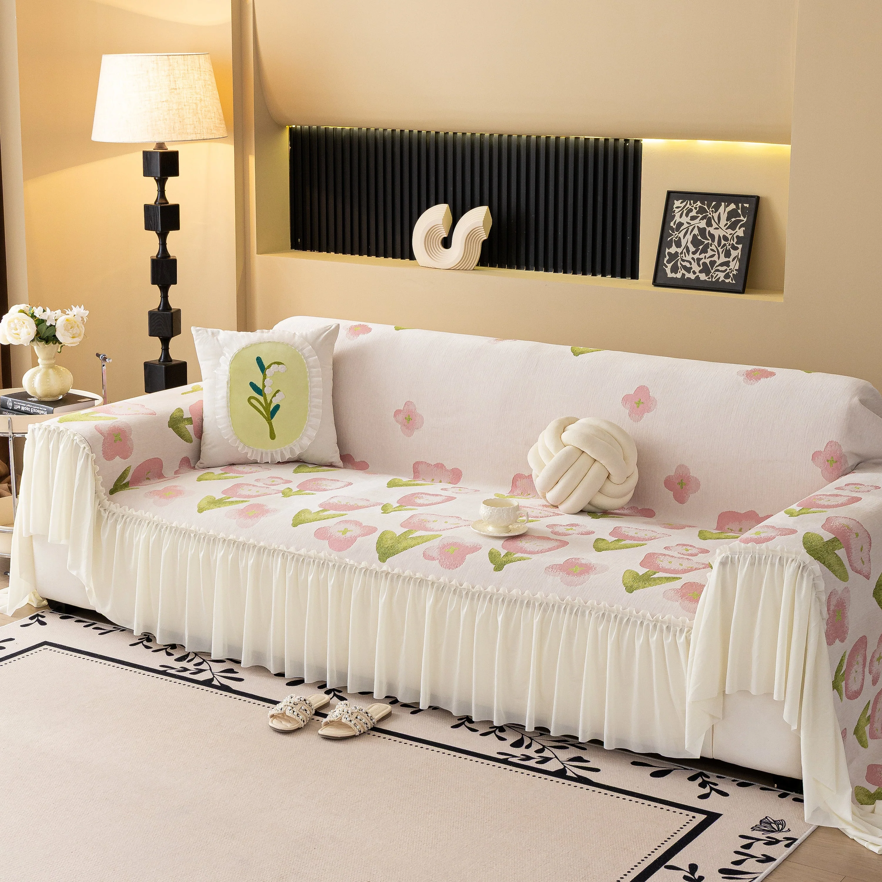 Ruffled Sweet Floral Sofa Cover with Skirt, Soft and Decorative Couch Throw Cover - Image 30