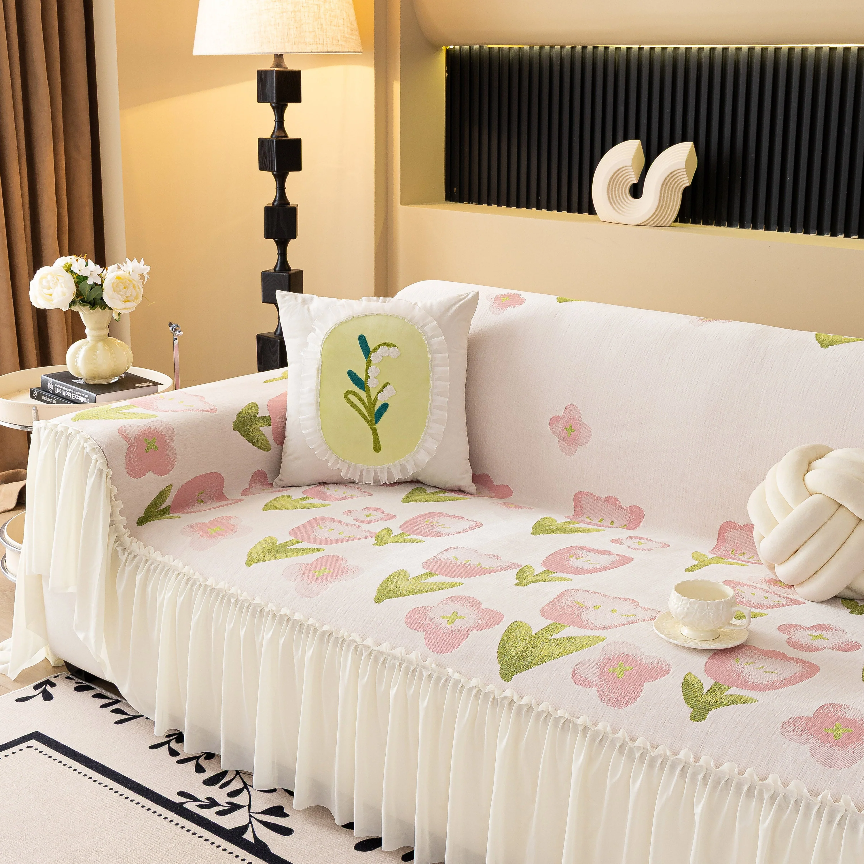 Ruffled Sweet Floral Sofa Cover with Skirt, Soft and Decorative Couch Throw Cover - Image 31