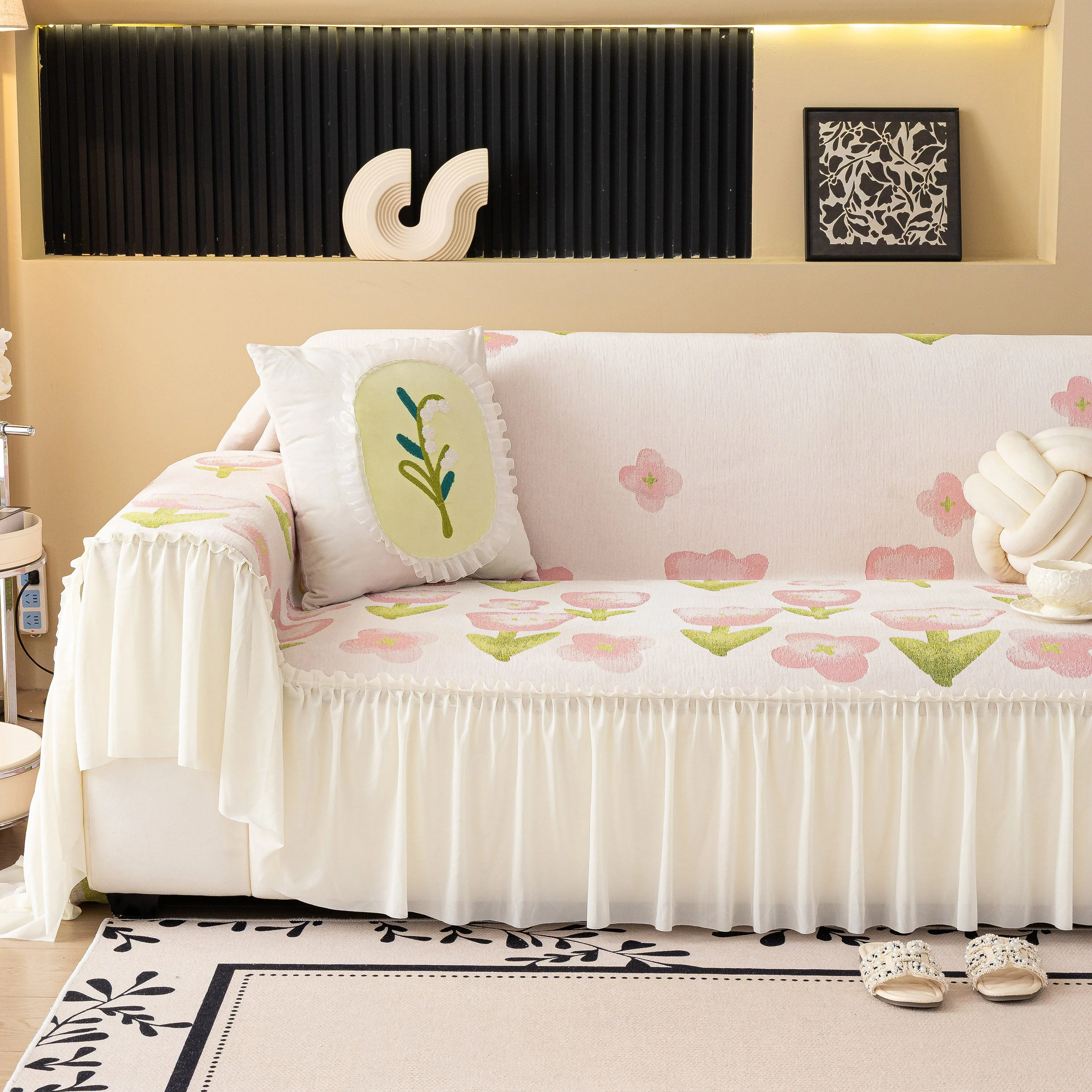 Ruffled Sweet Floral Sofa Cover with Skirt, Soft and Decorative Couch Throw Cover - Image 32
