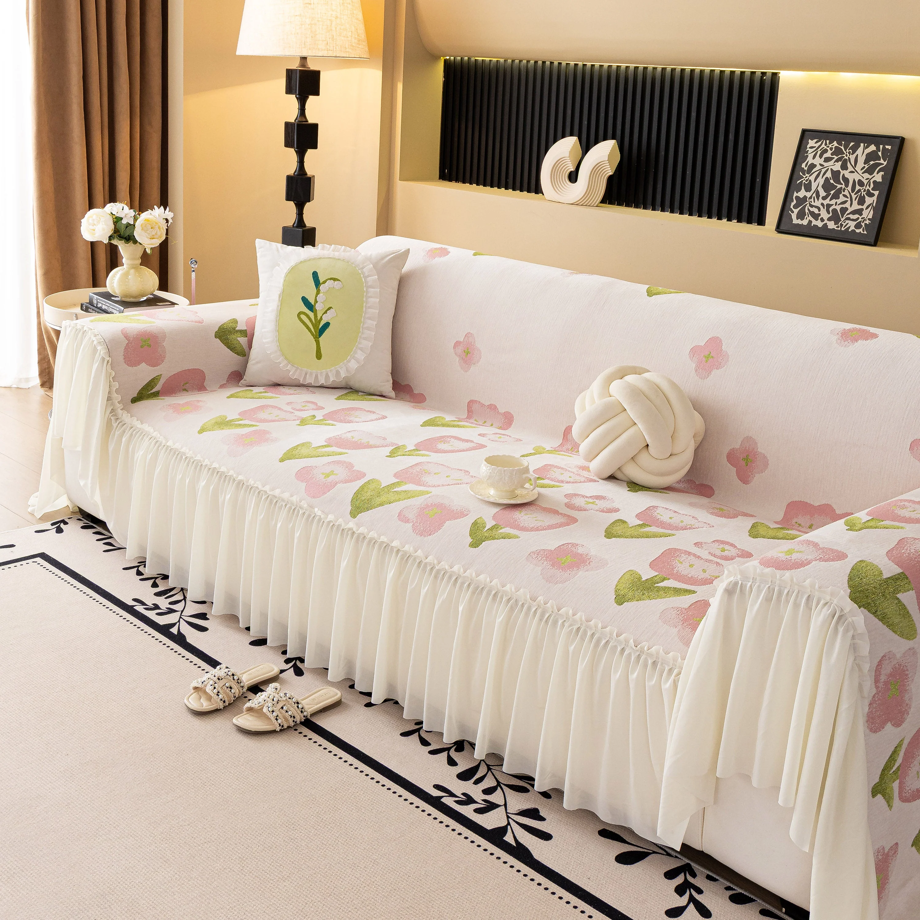 Ruffled Sweet Floral Sofa Cover with Skirt, Soft and Decorative Couch Throw Cover - Image 33