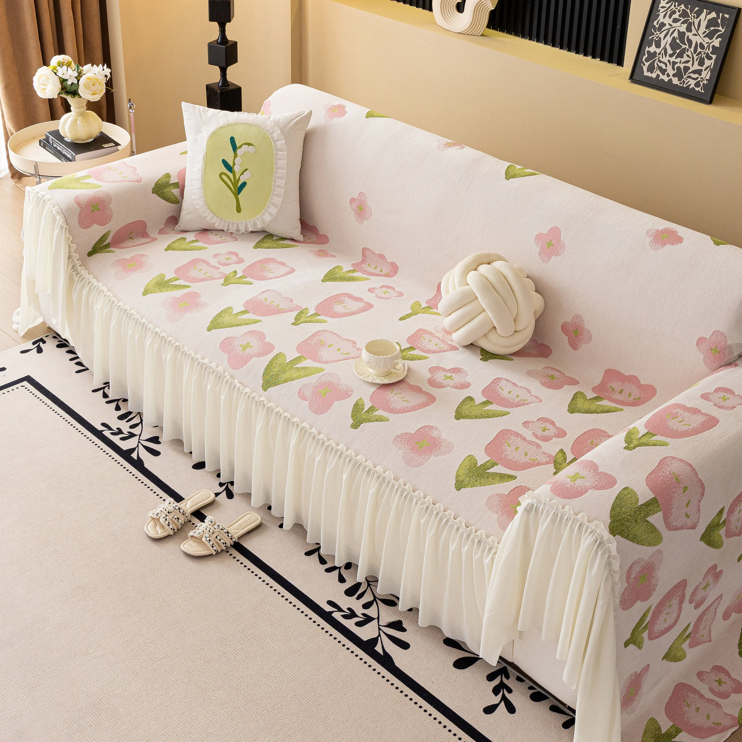 Ruffled Sweet Floral Sofa Cover with Skirt, Soft and Decorative Couch Throw Cover - Image 34