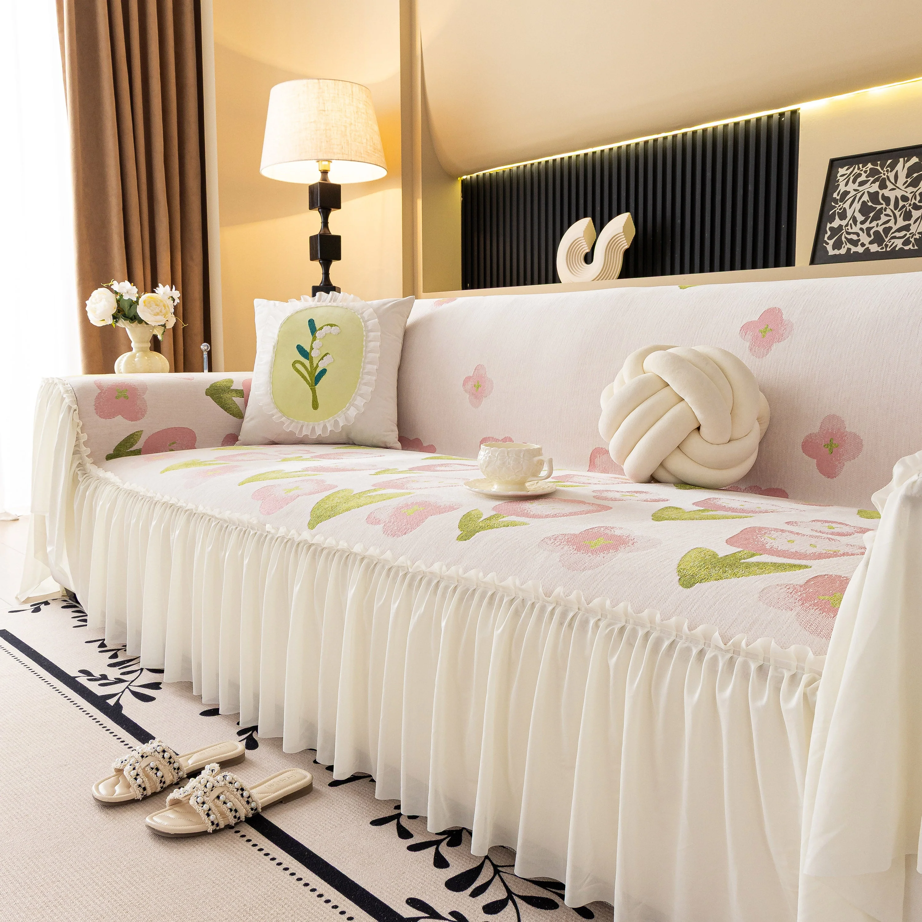 Ruffled Sweet Floral Sofa Cover with Skirt, Soft and Decorative Couch Throw Cover - Image 35
