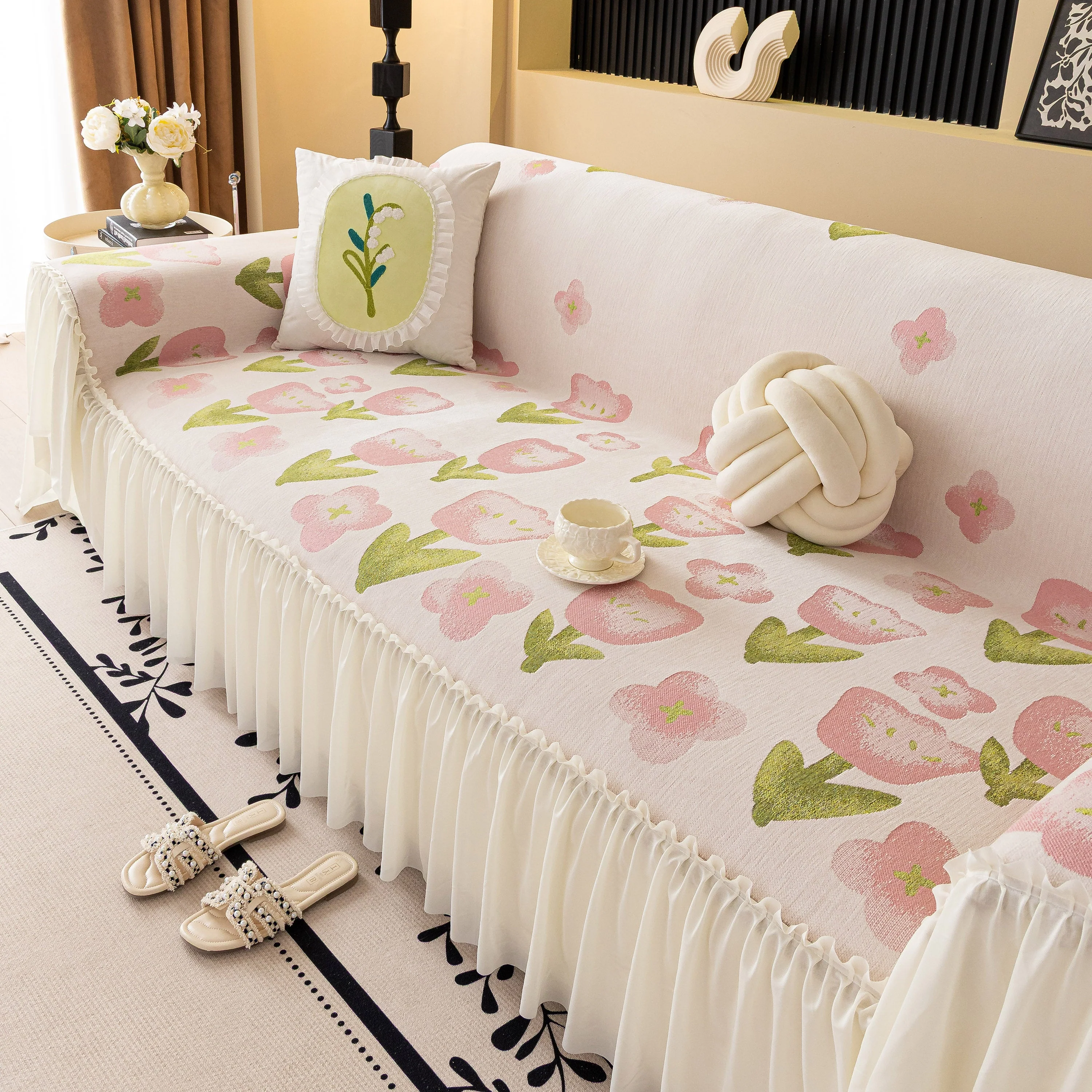 Ruffled Sweet Floral Sofa Cover with Skirt, Soft and Decorative Couch Throw Cover - Image 36