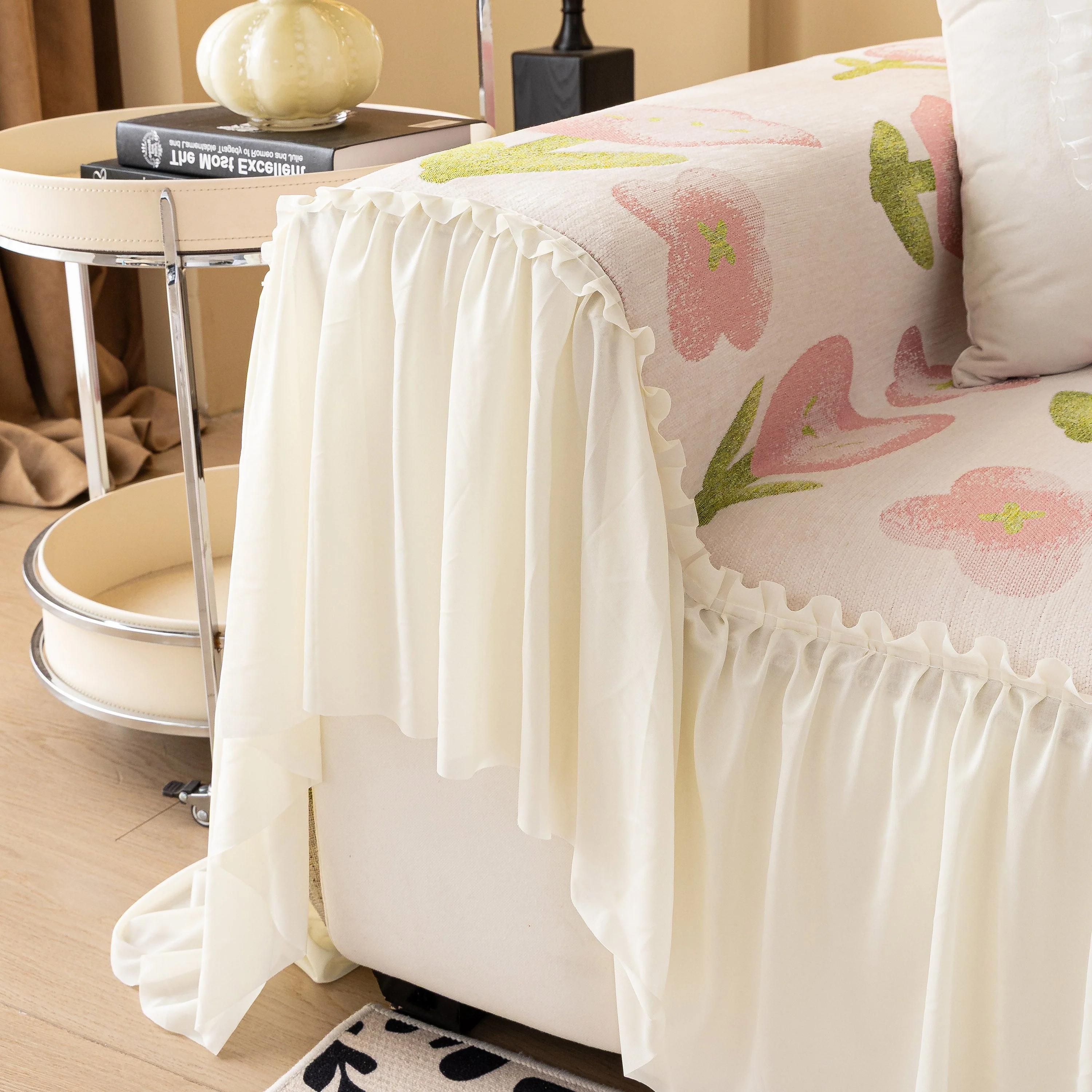 Ruffled Sweet Floral Sofa Cover with Skirt, Soft and Decorative Couch Throw Cover - Image 37