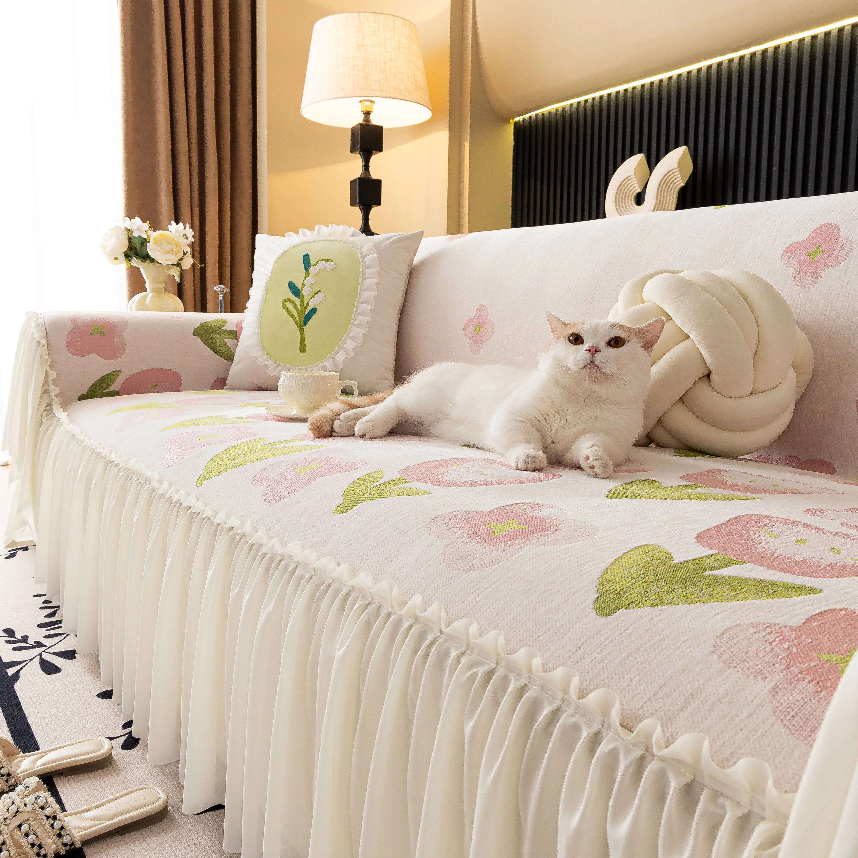 Ruffled Sweet Floral Sofa Cover with Skirt, Soft and Decorative Couch Throw Cover - Image 38