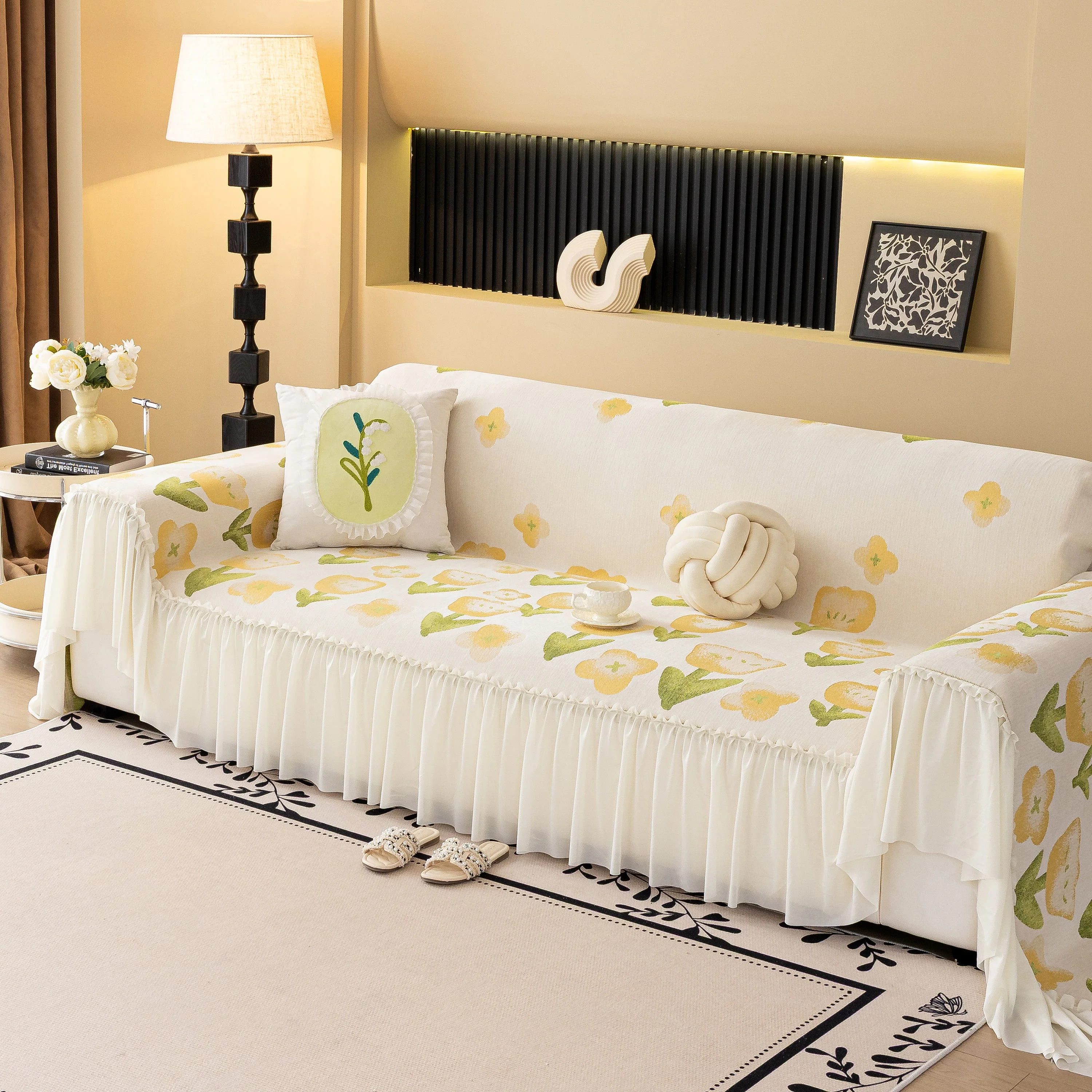 Ruffled Sweet Floral Sofa Cover with Skirt, Soft and Decorative Couch Throw Cover - Image 4
