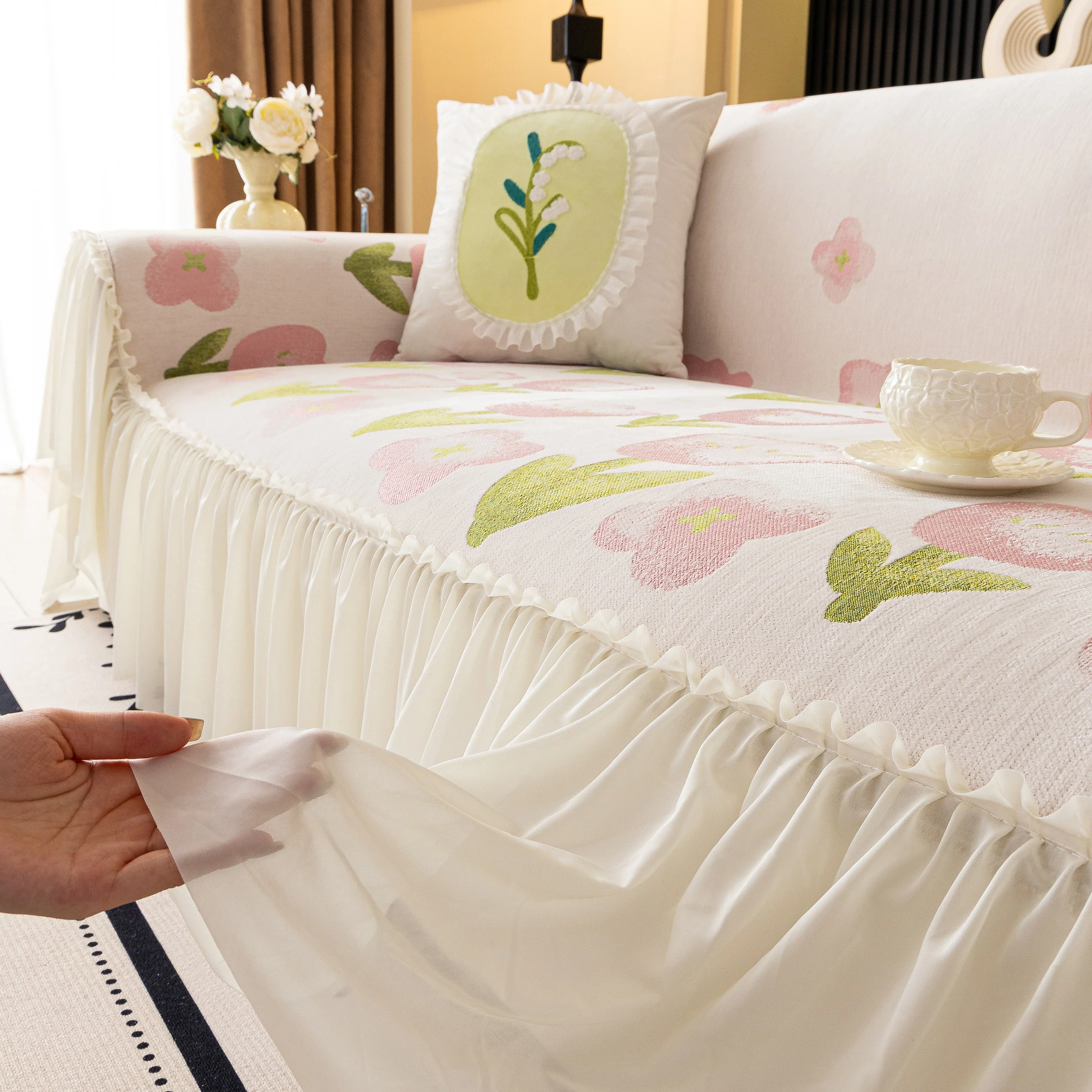Ruffled Sweet Floral Sofa Cover with Skirt, Soft and Decorative Couch Throw Cover - Image 41