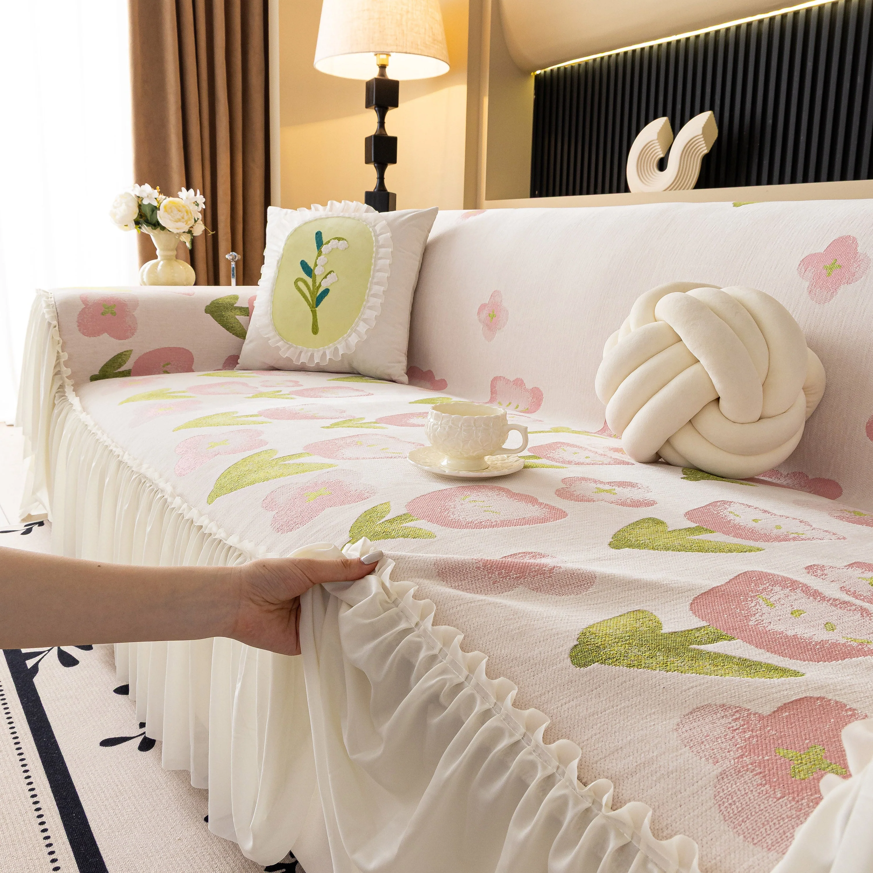 Ruffled Sweet Floral Sofa Cover with Skirt, Soft and Decorative Couch Throw Cover - Image 42