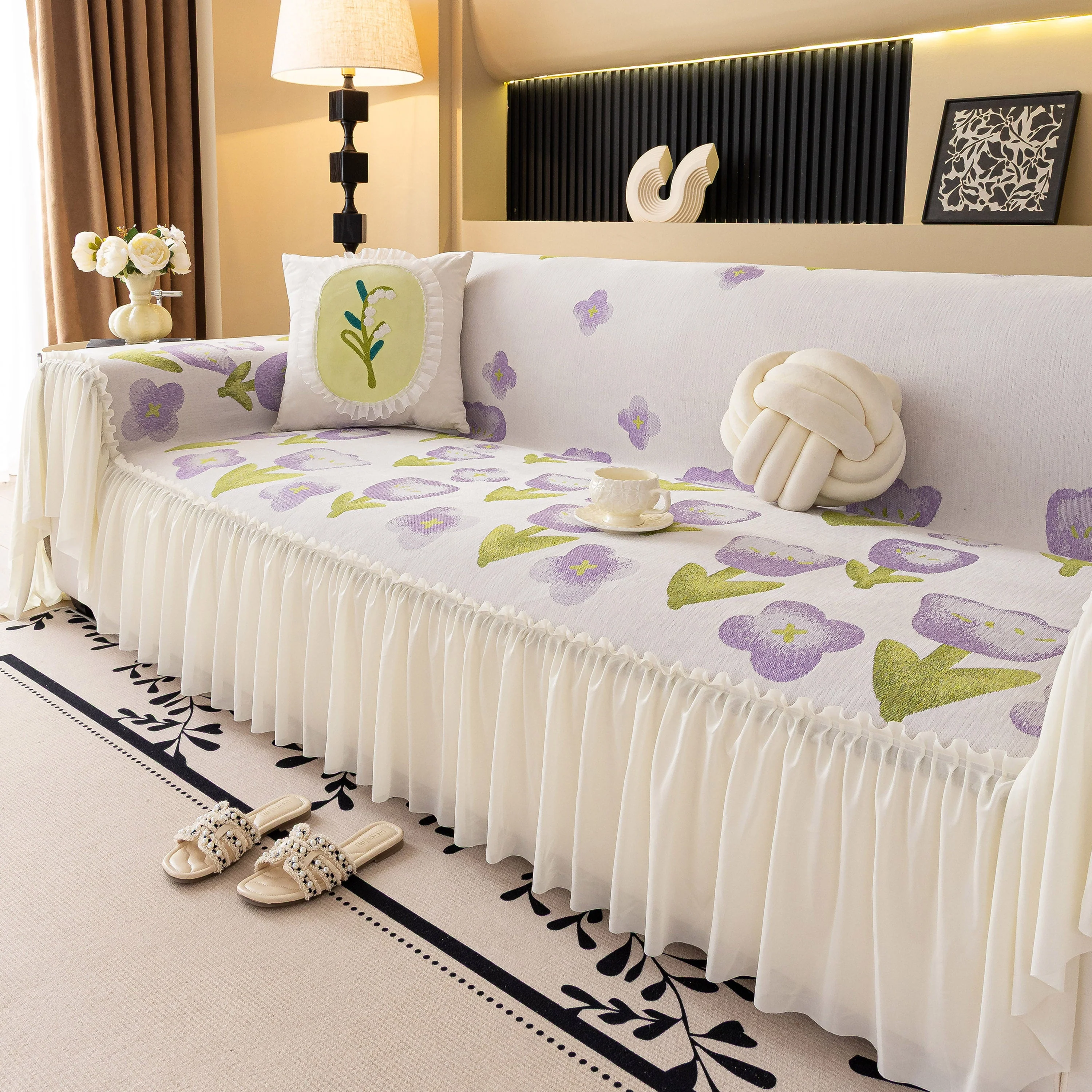 Ruffled Sweet Floral Sofa Cover with Skirt, Soft and Decorative Couch Throw Cover - Image 46