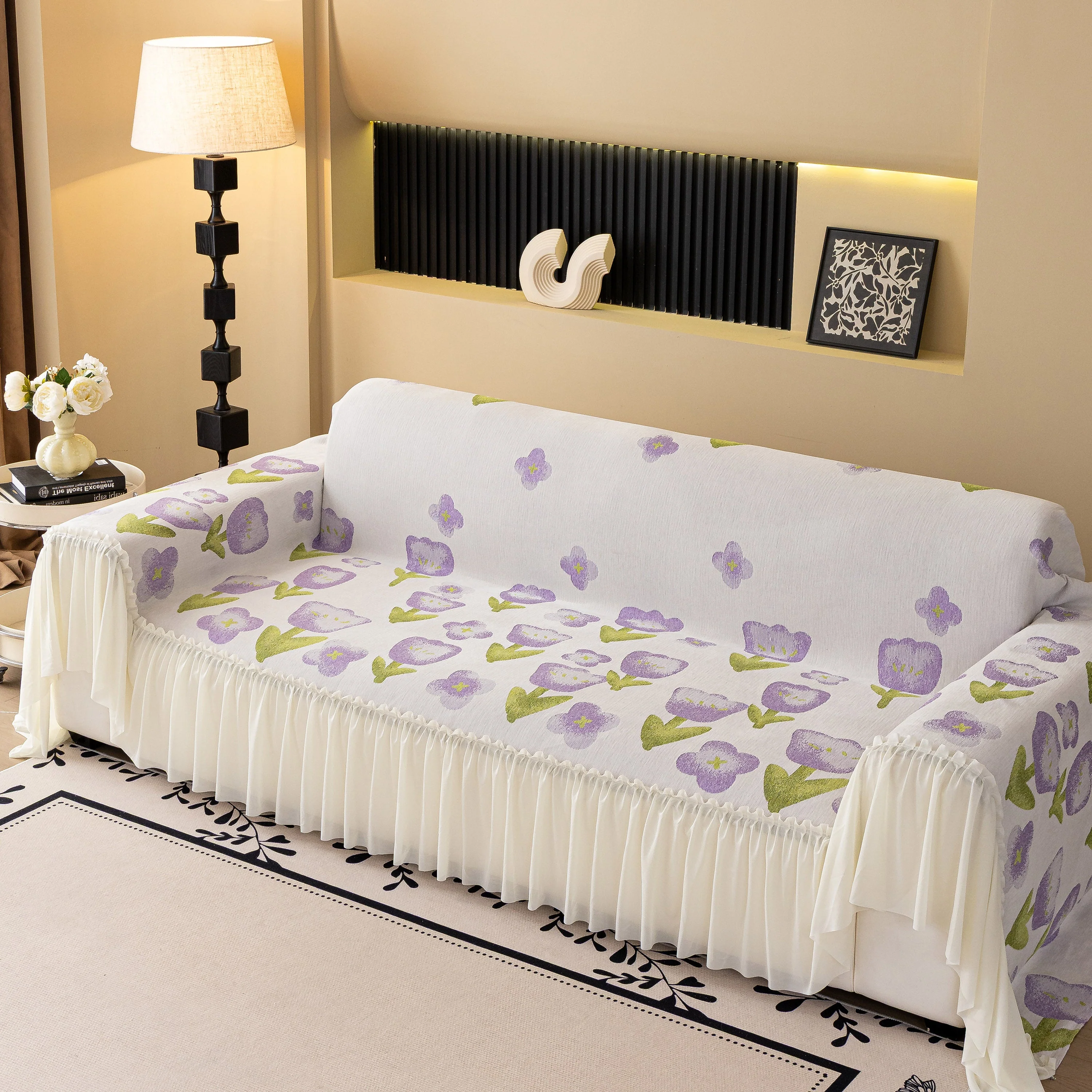 Ruffled Sweet Floral Sofa Cover with Skirt, Soft and Decorative Couch Throw Cover - Image 47
