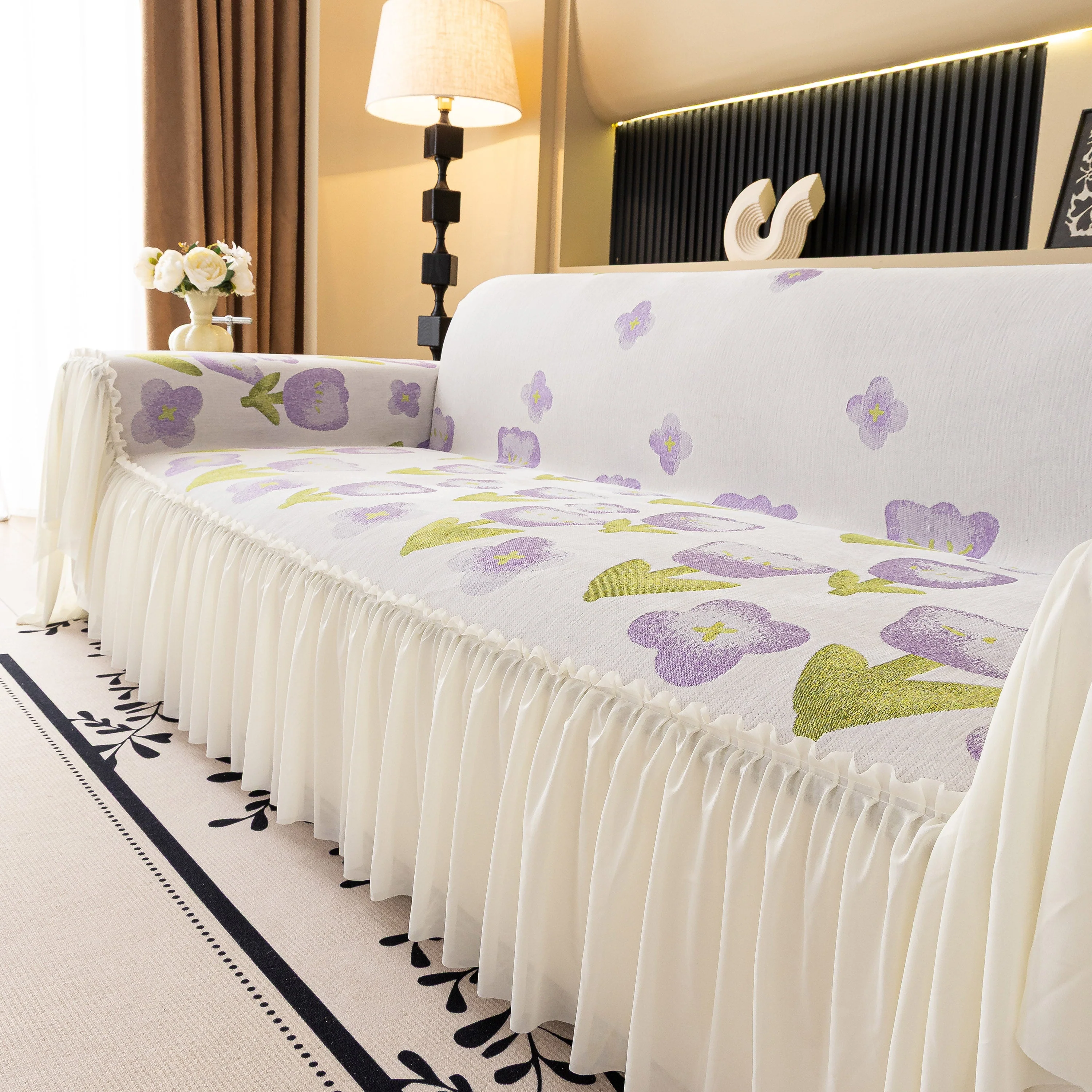 Ruffled Sweet Floral Sofa Cover with Skirt, Soft and Decorative Couch Throw Cover - Image 48