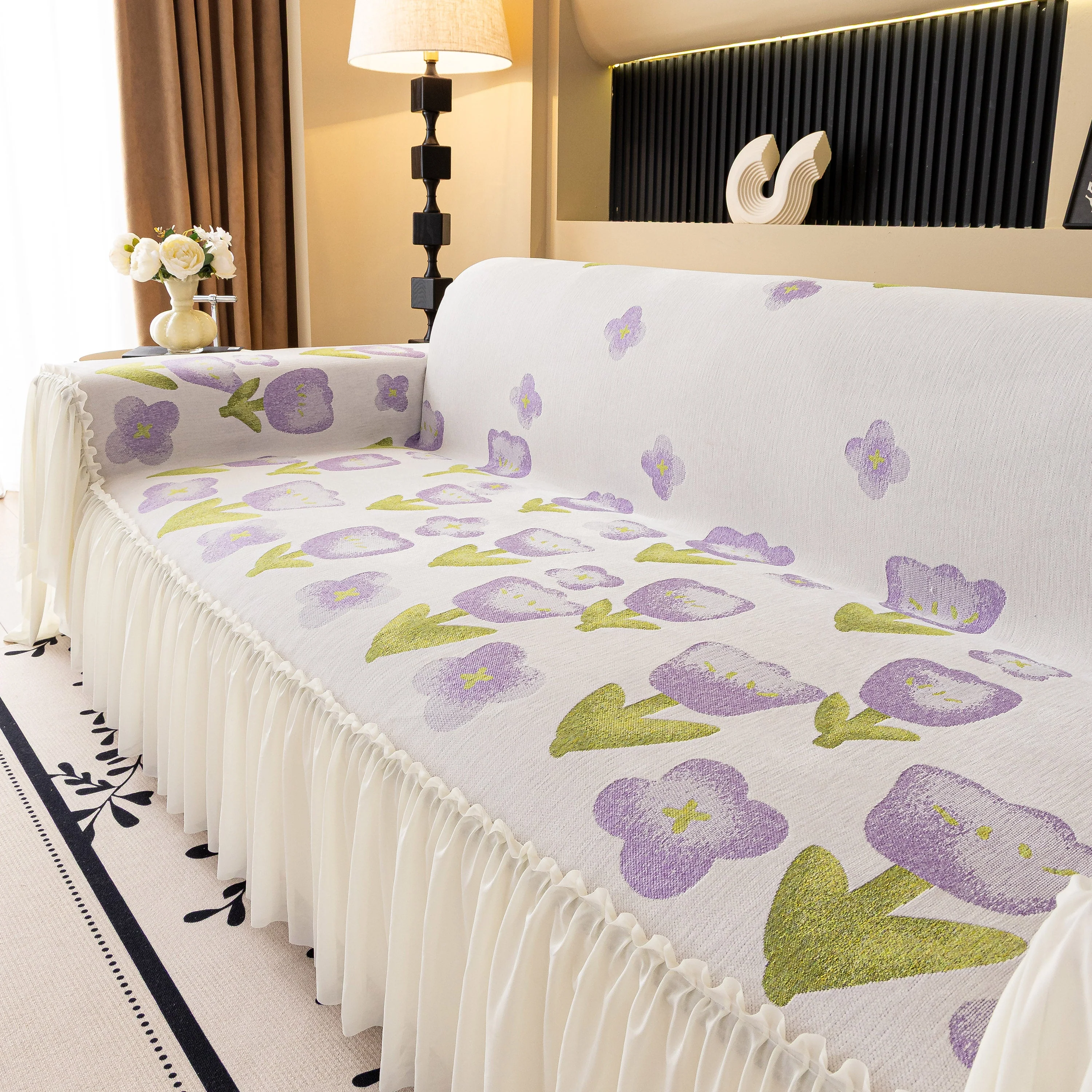 Ruffled Sweet Floral Sofa Cover with Skirt, Soft and Decorative Couch Throw Cover - Image 49