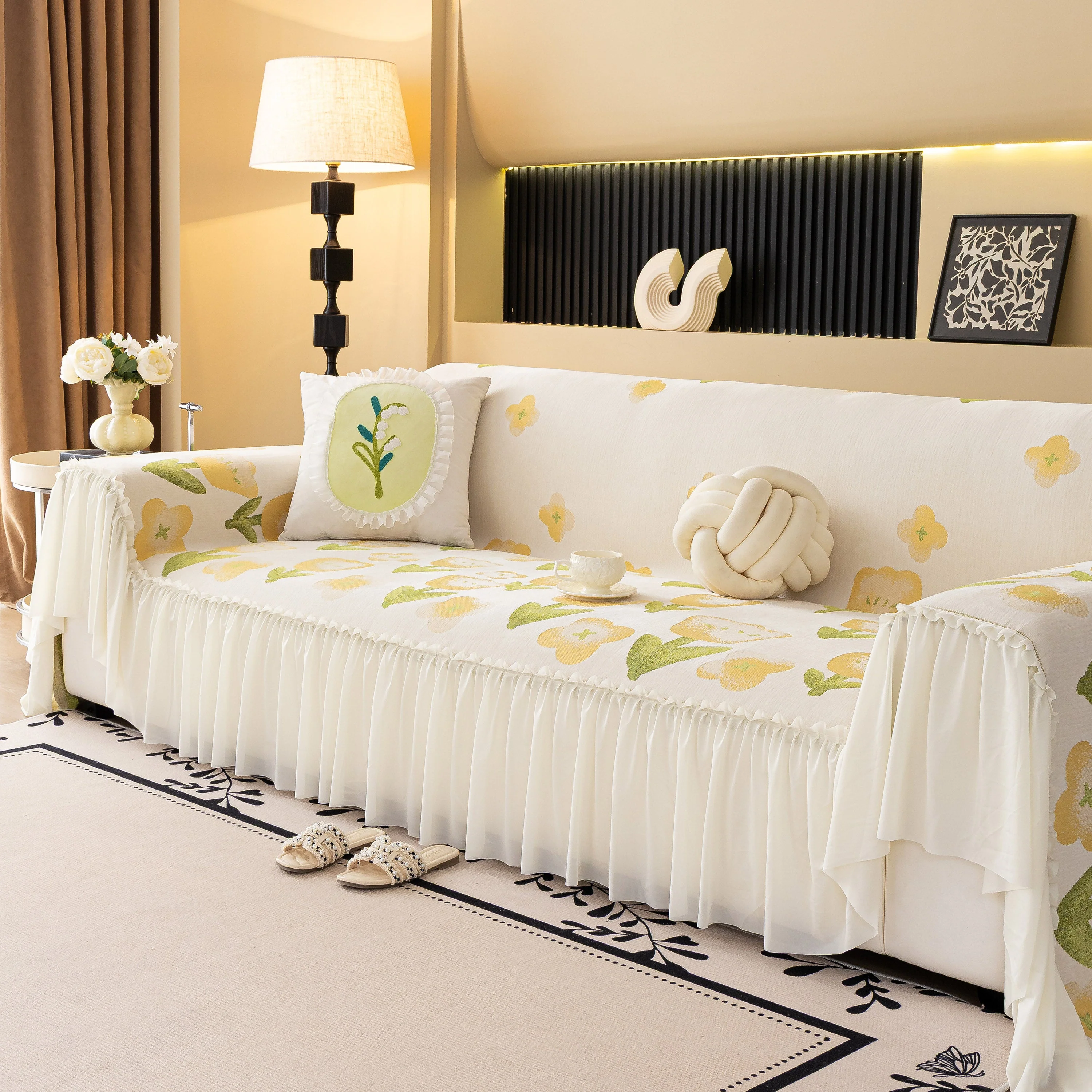 Ruffled Sweet Floral Sofa Cover with Skirt, Soft and Decorative Couch Throw Cover - Image 5