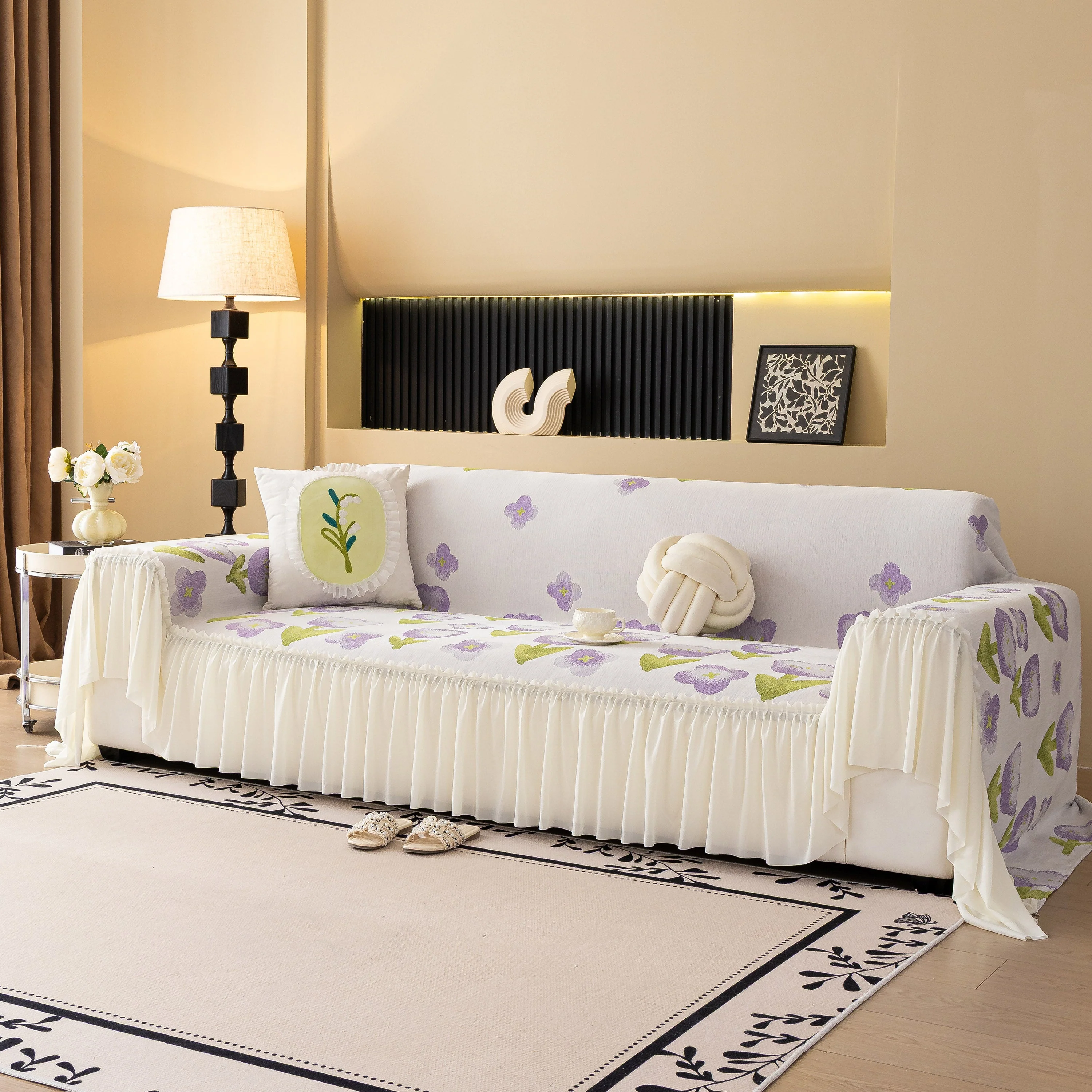 Ruffled Sweet Floral Sofa Cover with Skirt, Soft and Decorative Couch Throw Cover - Image 50