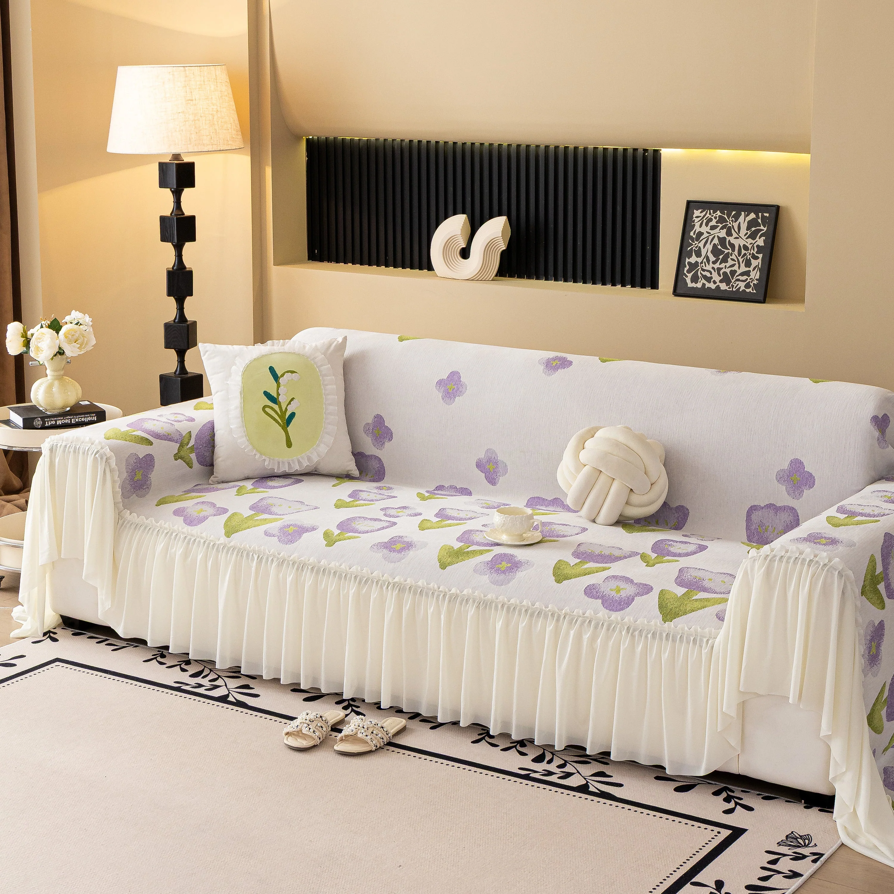 Ruffled Sweet Floral Sofa Cover with Skirt, Soft and Decorative Couch Throw Cover - Image 51