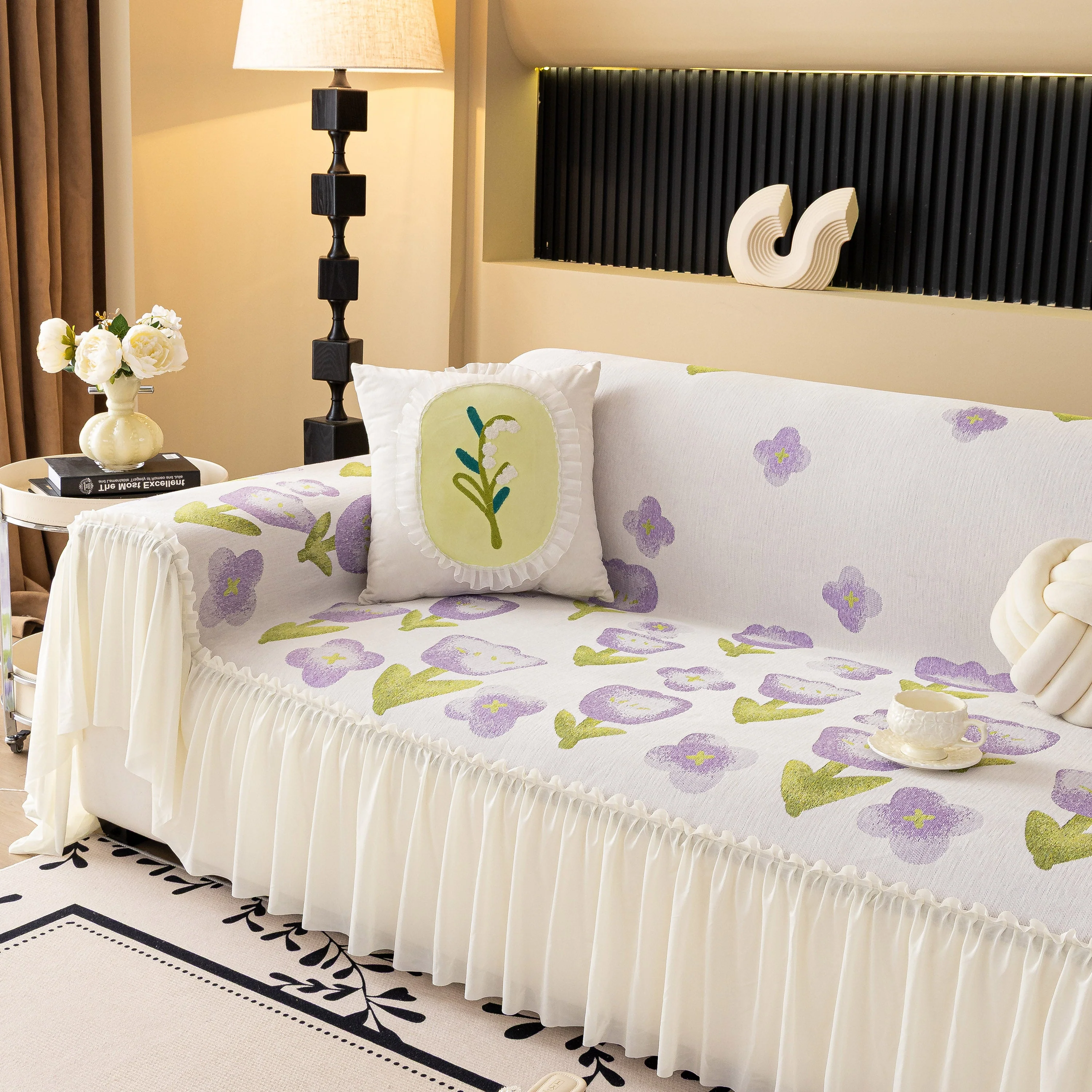 Ruffled Sweet Floral Sofa Cover with Skirt, Soft and Decorative Couch Throw Cover - Image 52