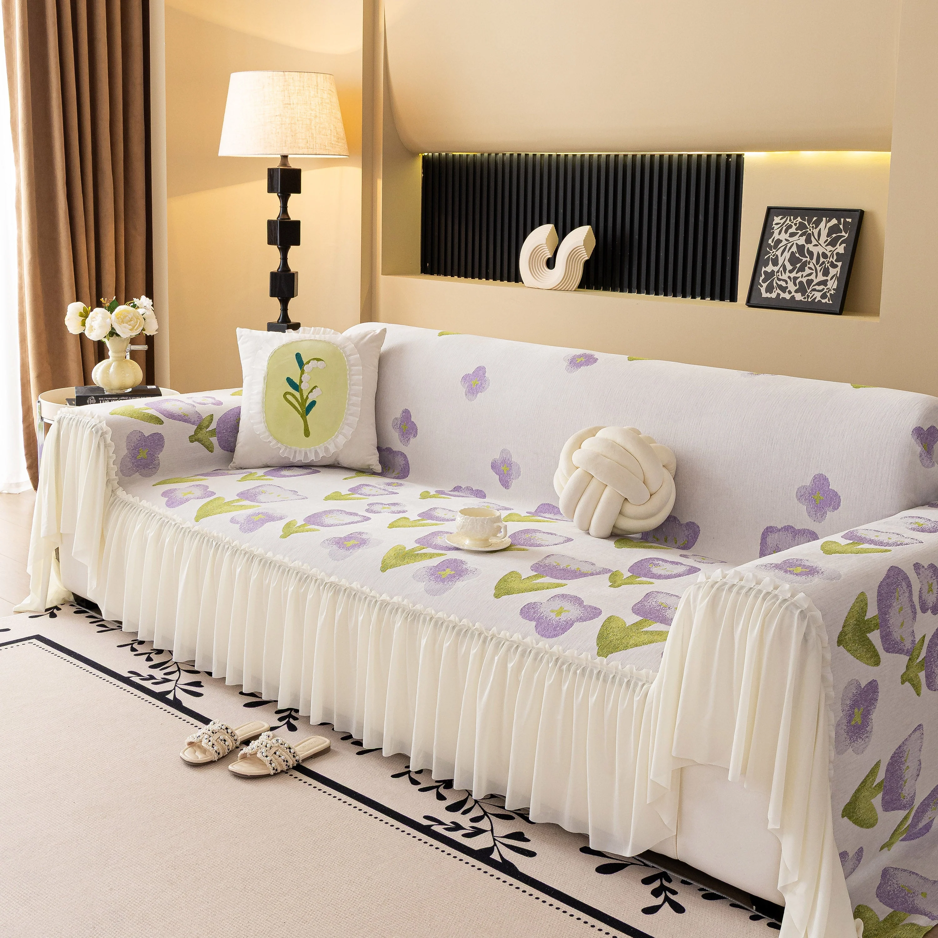 Ruffled Sweet Floral Sofa Cover with Skirt, Soft and Decorative Couch Throw Cover - Image 53