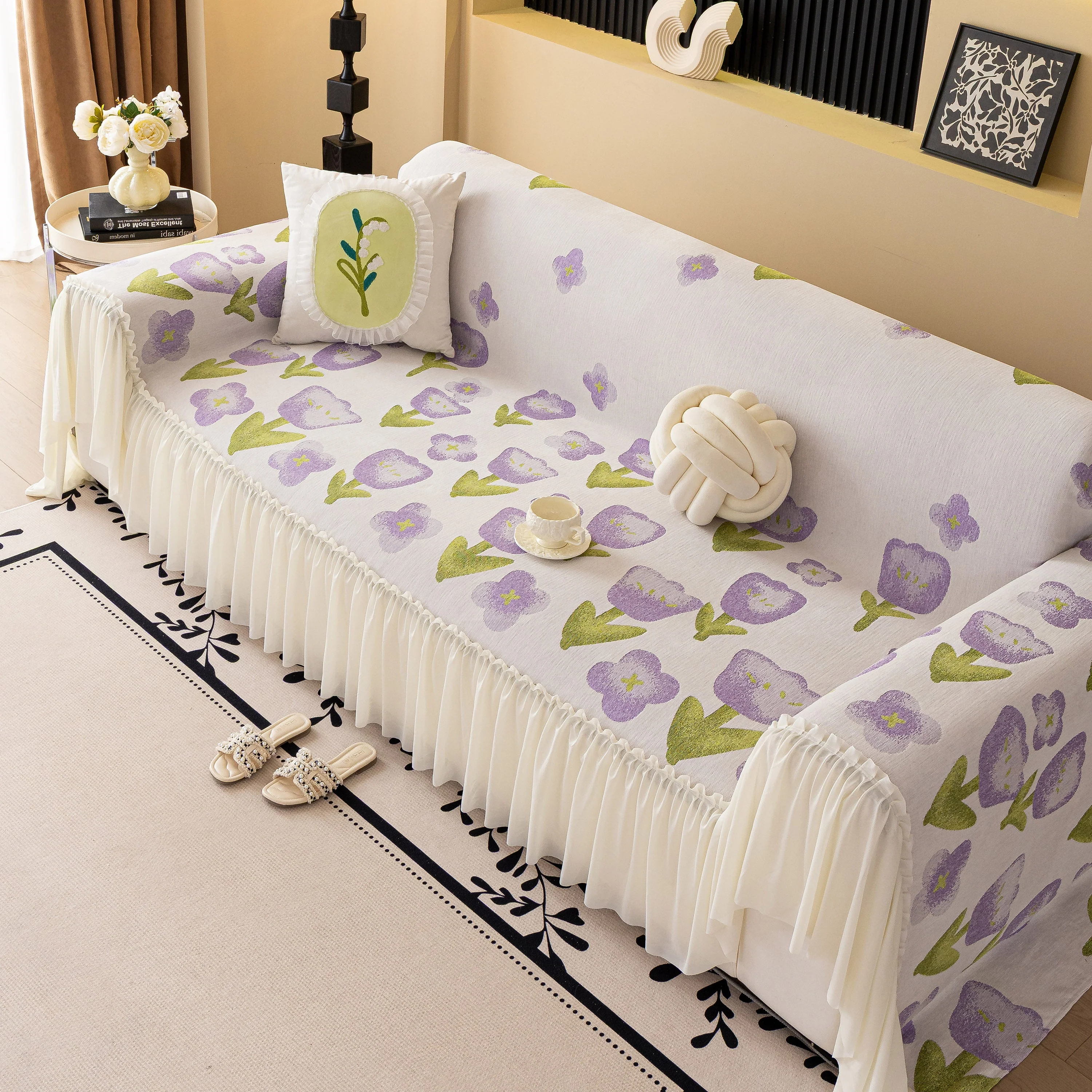 Ruffled Sweet Floral Sofa Cover with Skirt, Soft and Decorative Couch Throw Cover - Image 54