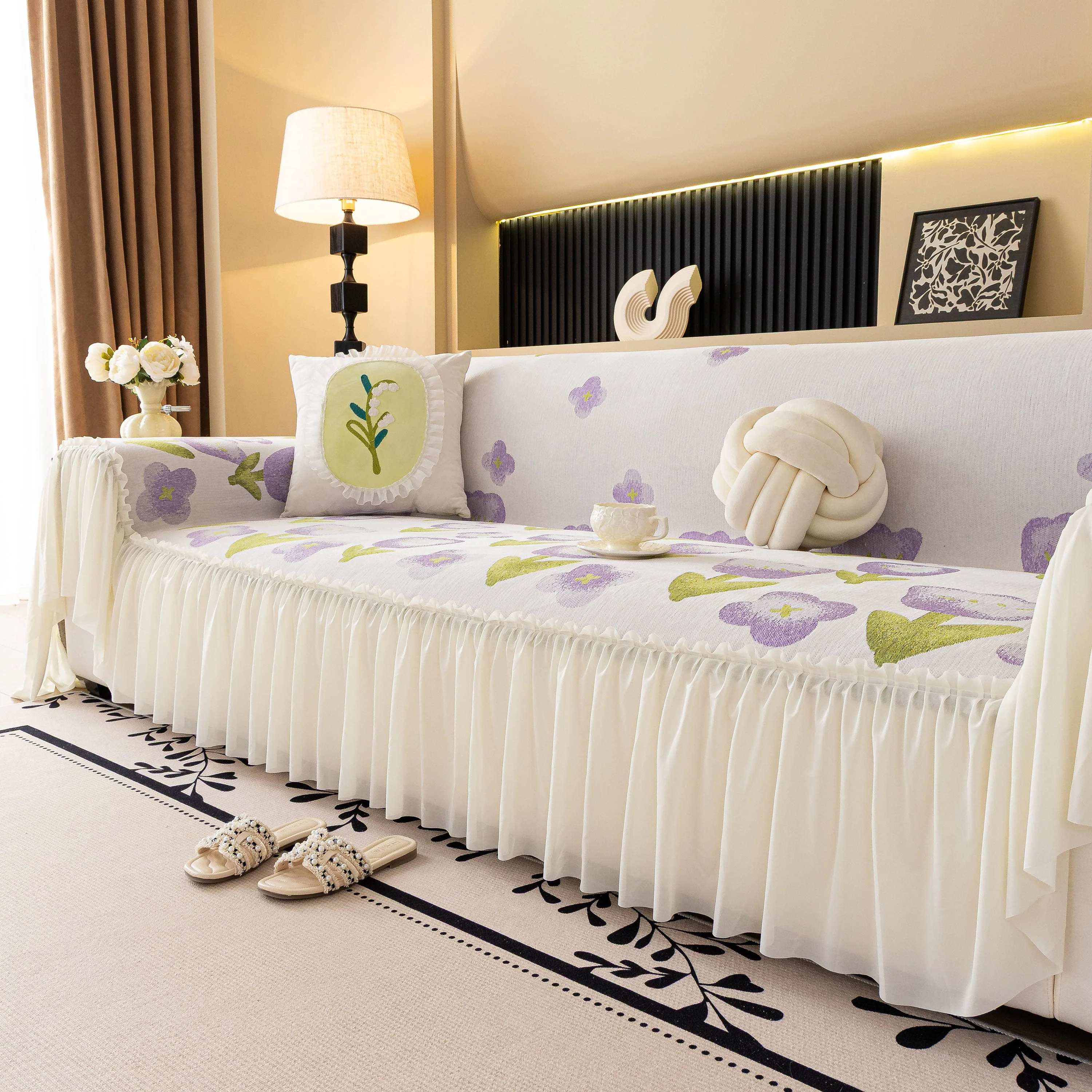 Ruffled Sweet Floral Sofa Cover with Skirt, Soft and Decorative Couch Throw Cover - Image 55