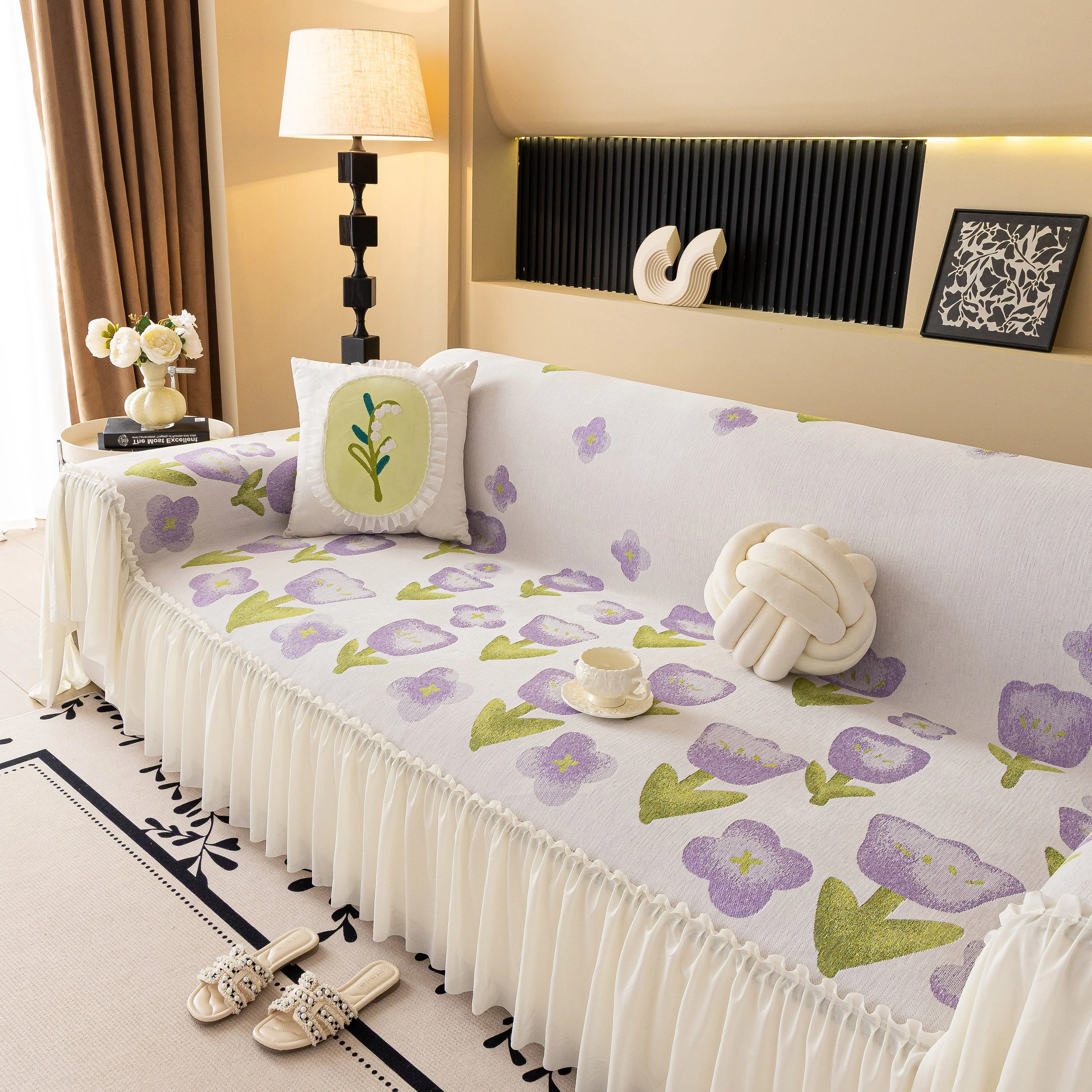 Ruffled Sweet Floral Sofa Cover with Skirt, Soft and Decorative Couch Throw Cover - Image 56
