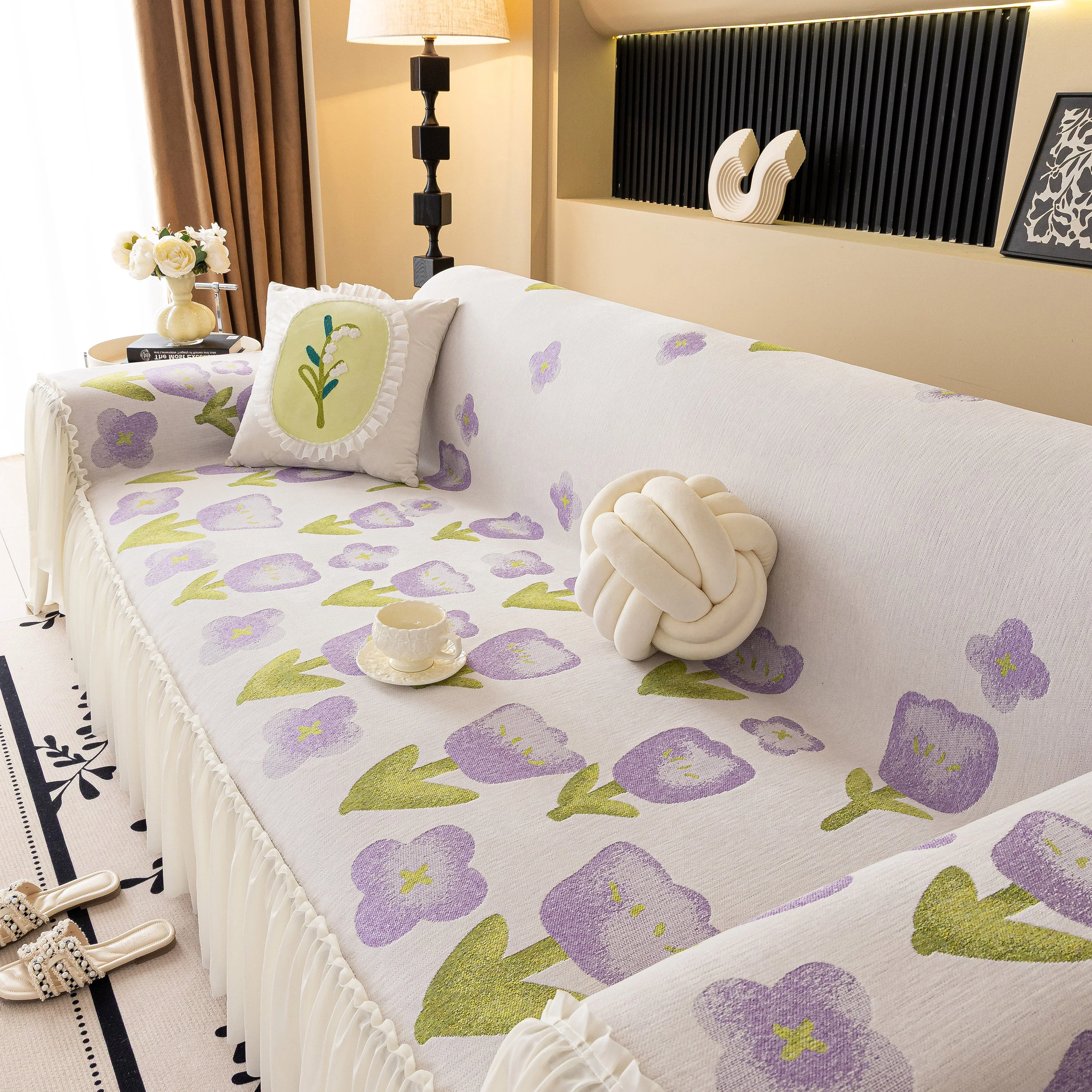 Ruffled Sweet Floral Sofa Cover with Skirt, Soft and Decorative Couch Throw Cover - Image 57