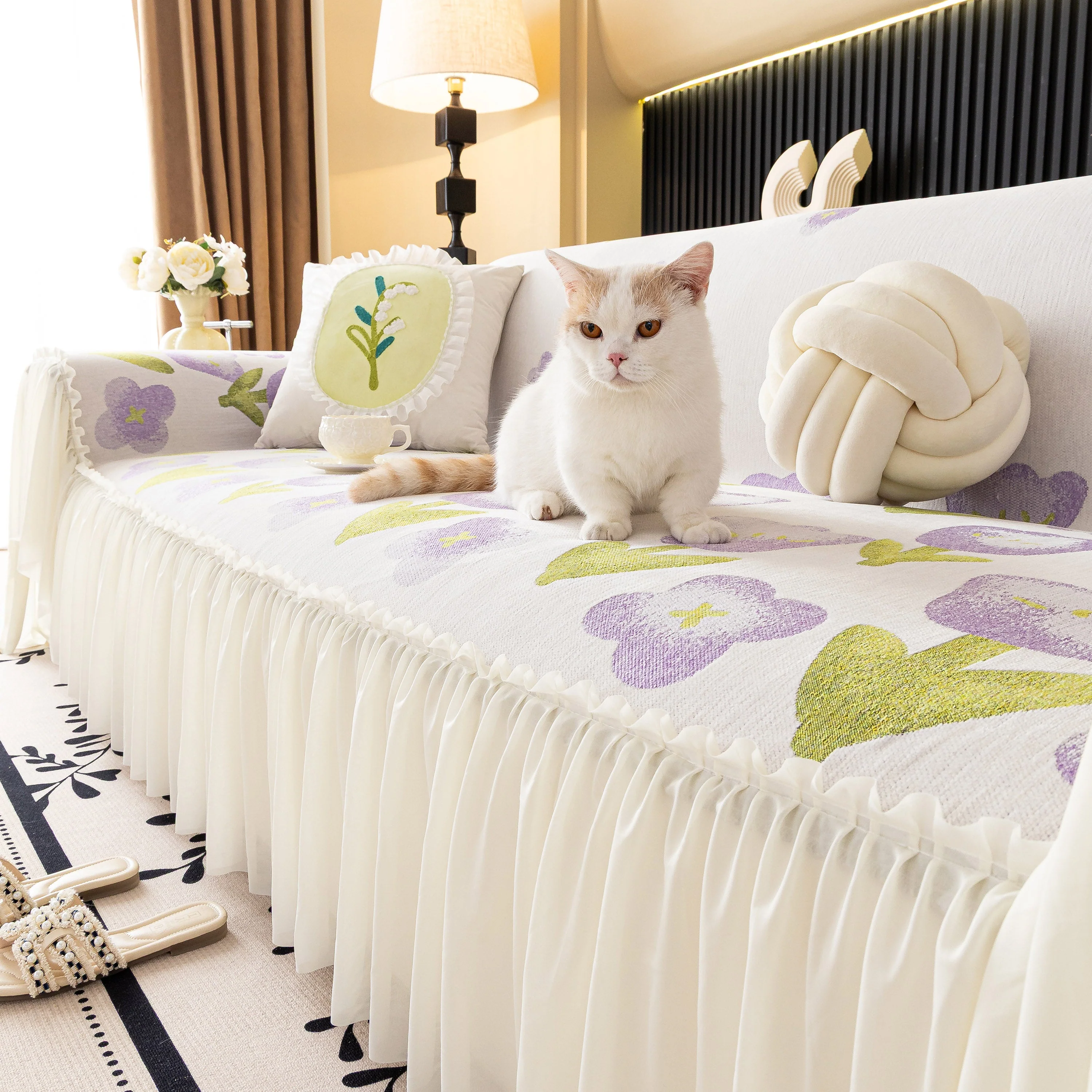Ruffled Sweet Floral Sofa Cover with Skirt, Soft and Decorative Couch Throw Cover - Image 59