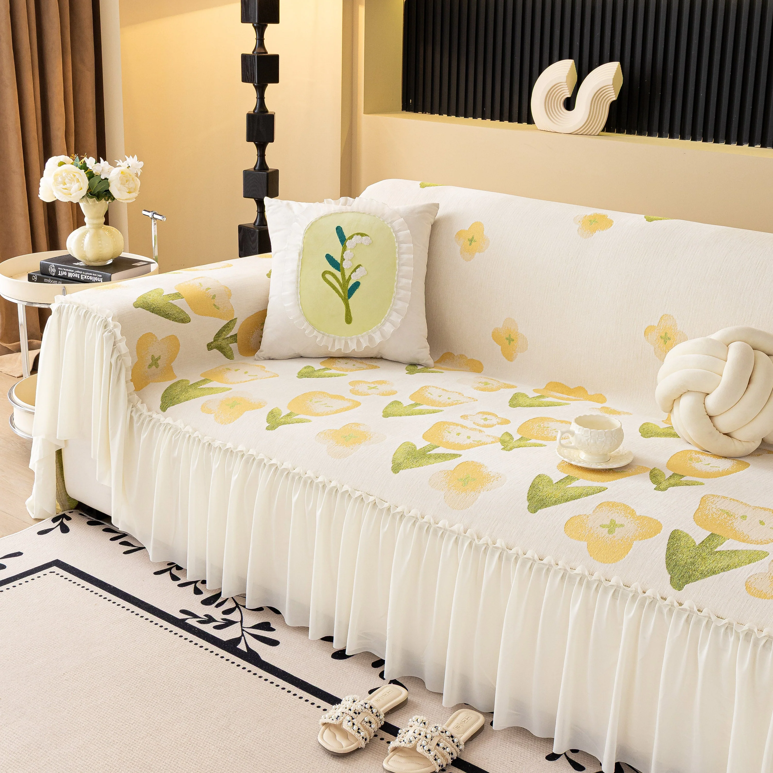 Ruffled Sweet Floral Sofa Cover with Skirt, Soft and Decorative Couch Throw Cover - Image 6