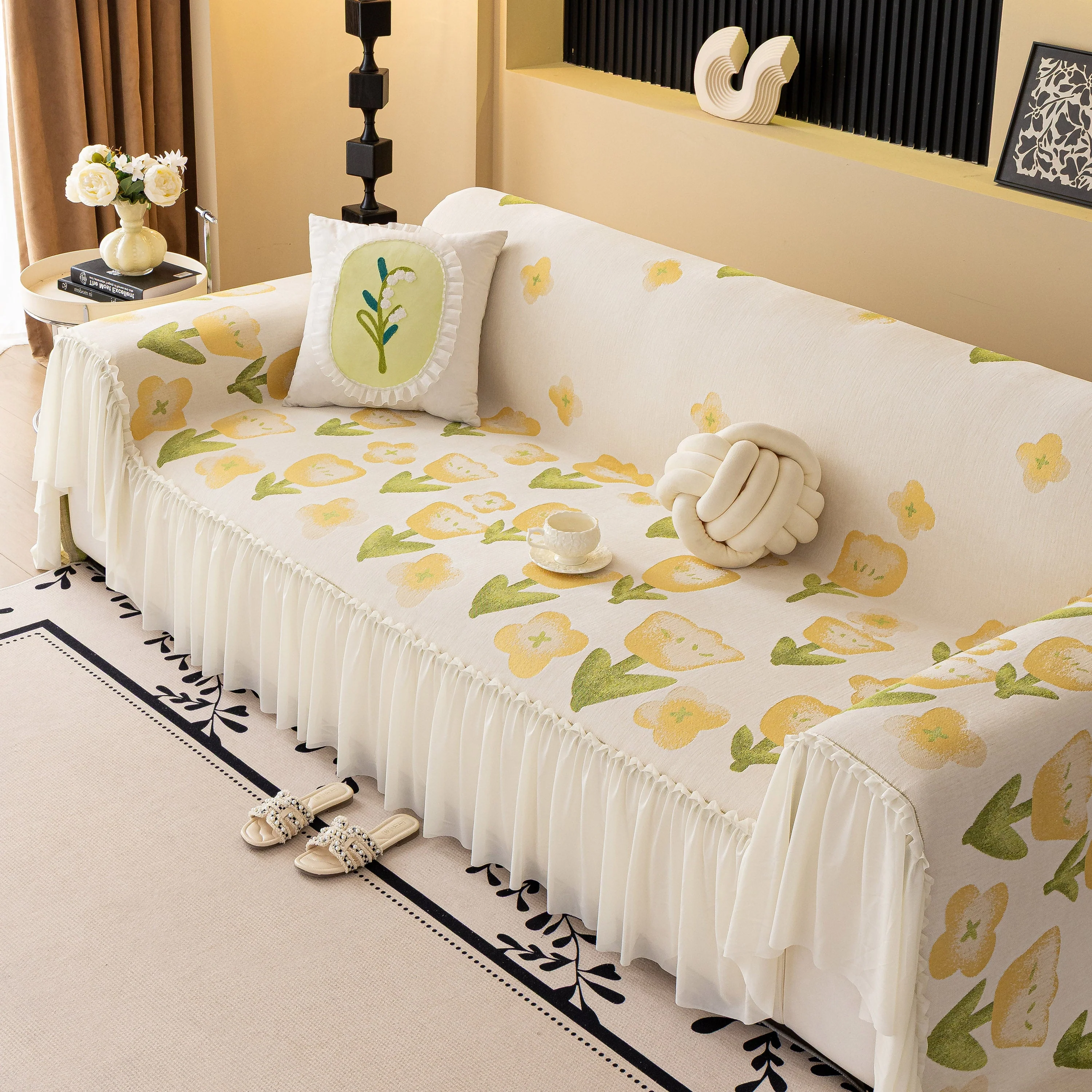 Ruffled Sweet Floral Sofa Cover with Skirt, Soft and Decorative Couch Throw Cover - Image 7