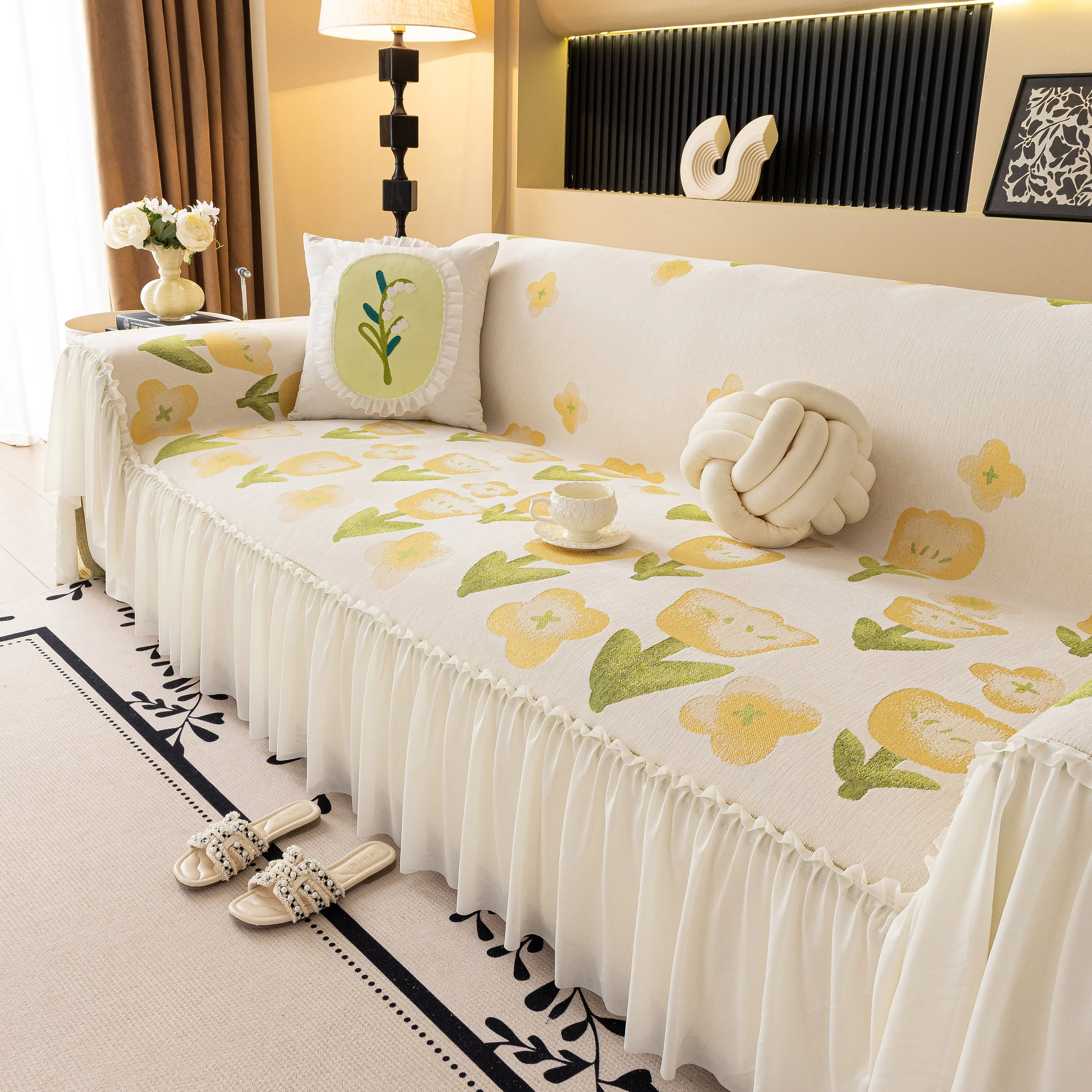 Ruffled Sweet Floral Sofa Cover with Skirt, Soft and Decorative Couch Throw Cover - Image 8