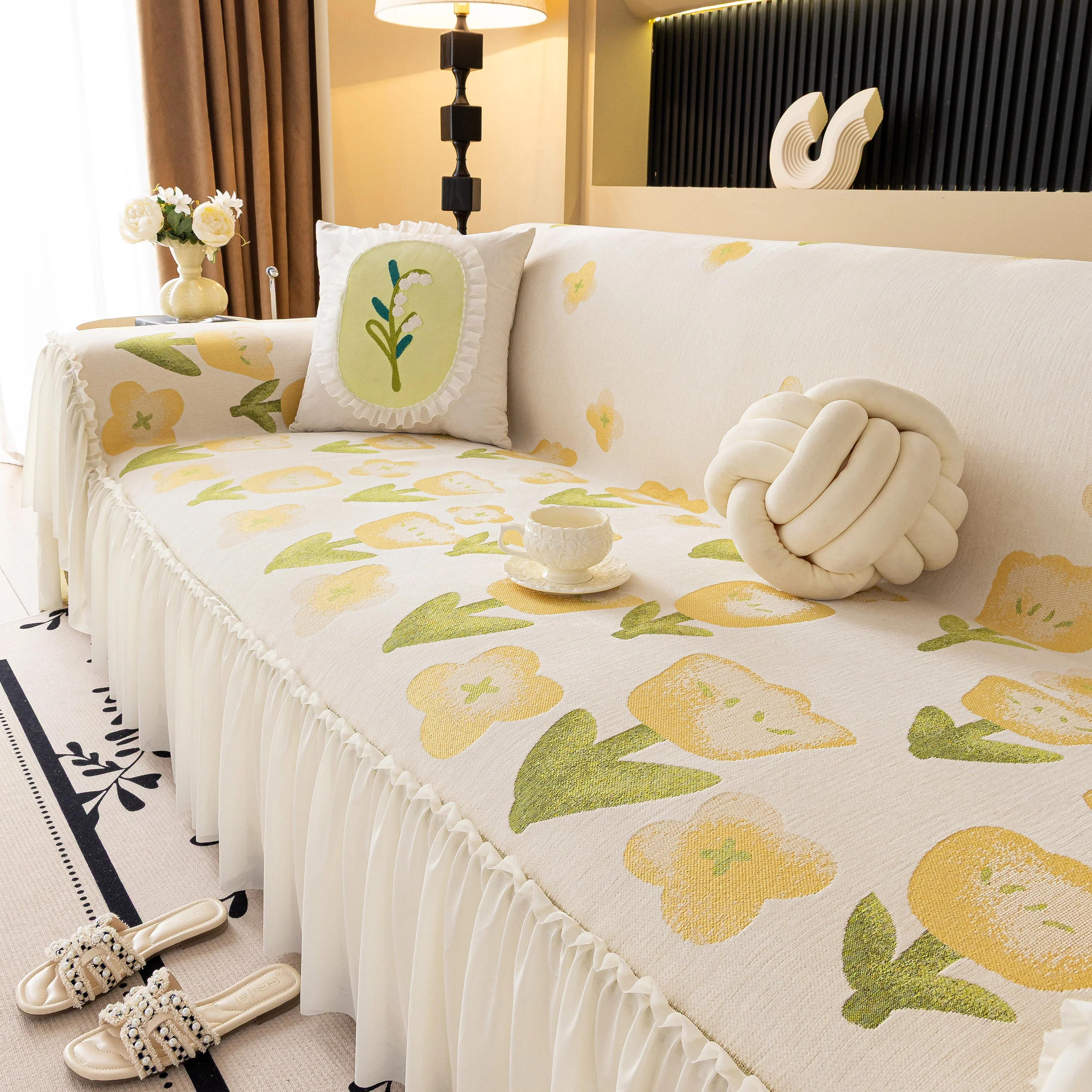 Ruffled Sweet Floral Sofa Cover with Skirt, Soft and Decorative Couch Throw Cover - Image 9