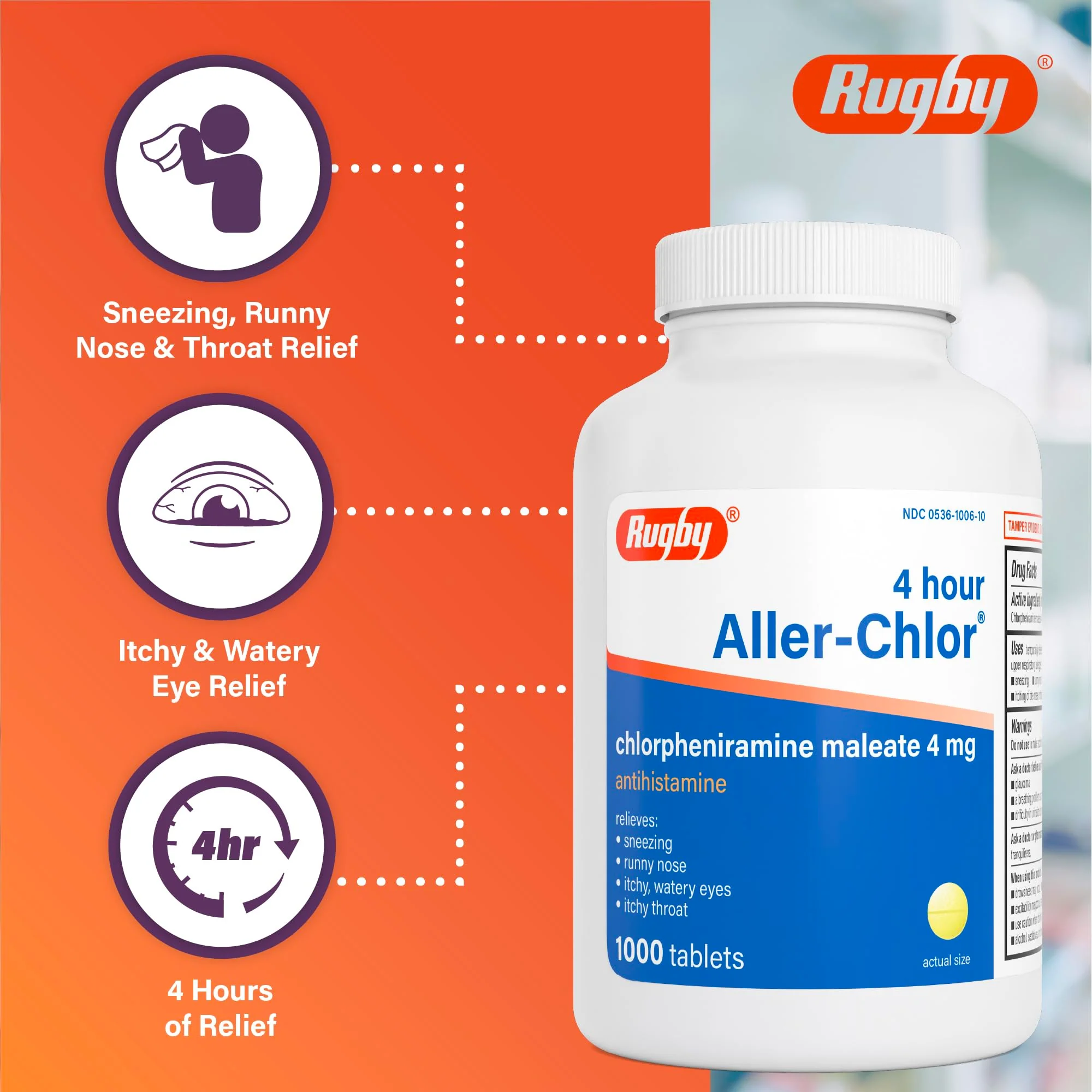 Rugby 4 Hour Aller-chlor - Chlorpheniramine Maleate 4 mg - Antihistamine - 1000 Tablets (1 Pack) - Image 4