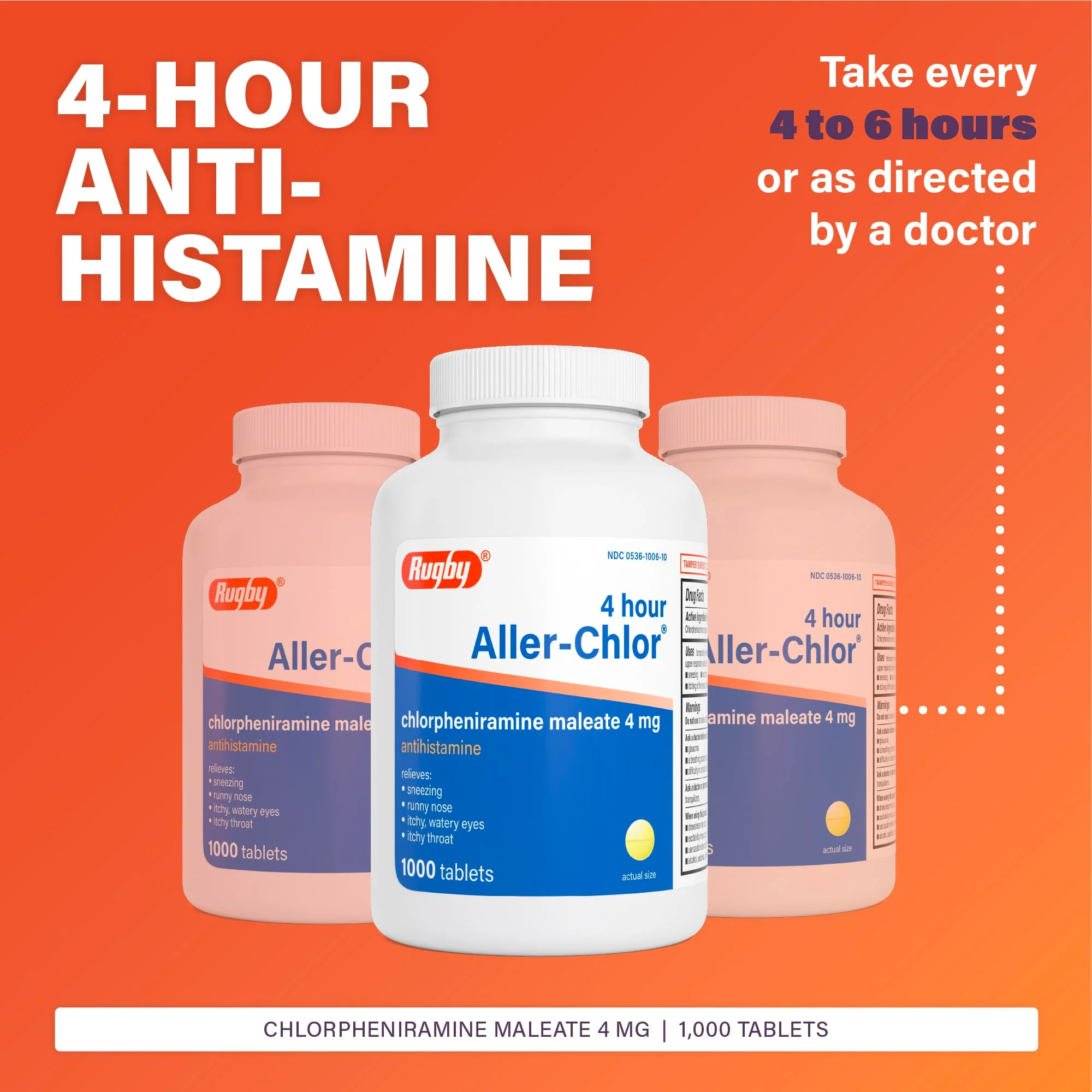 Rugby 4 Hour Aller-chlor - Chlorpheniramine Maleate 4 mg - Antihistamine - 1000 Tablets (1 Pack) - Image 5
