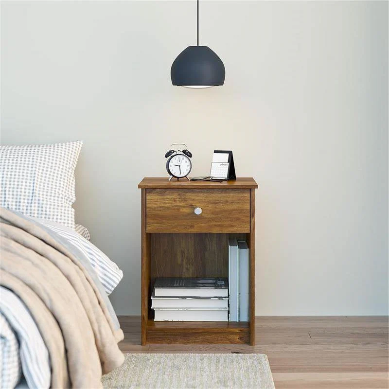 Rusic Brown Oak Farmhouse 1-Drawer Bedroom Nighstand with Open Shelf - Image 2