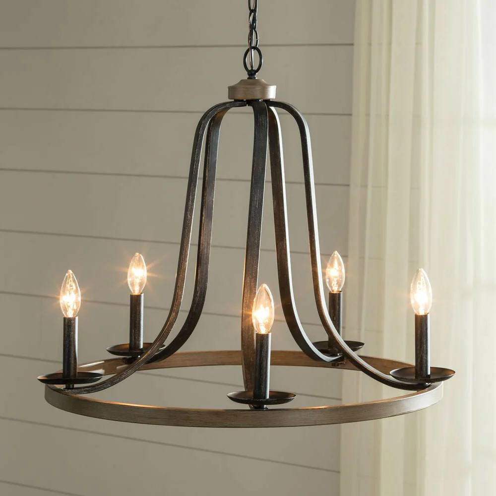 Rustic 5 Light Dimmable Farm Home Circle Metal Chandelier Oak Finish - Image 2