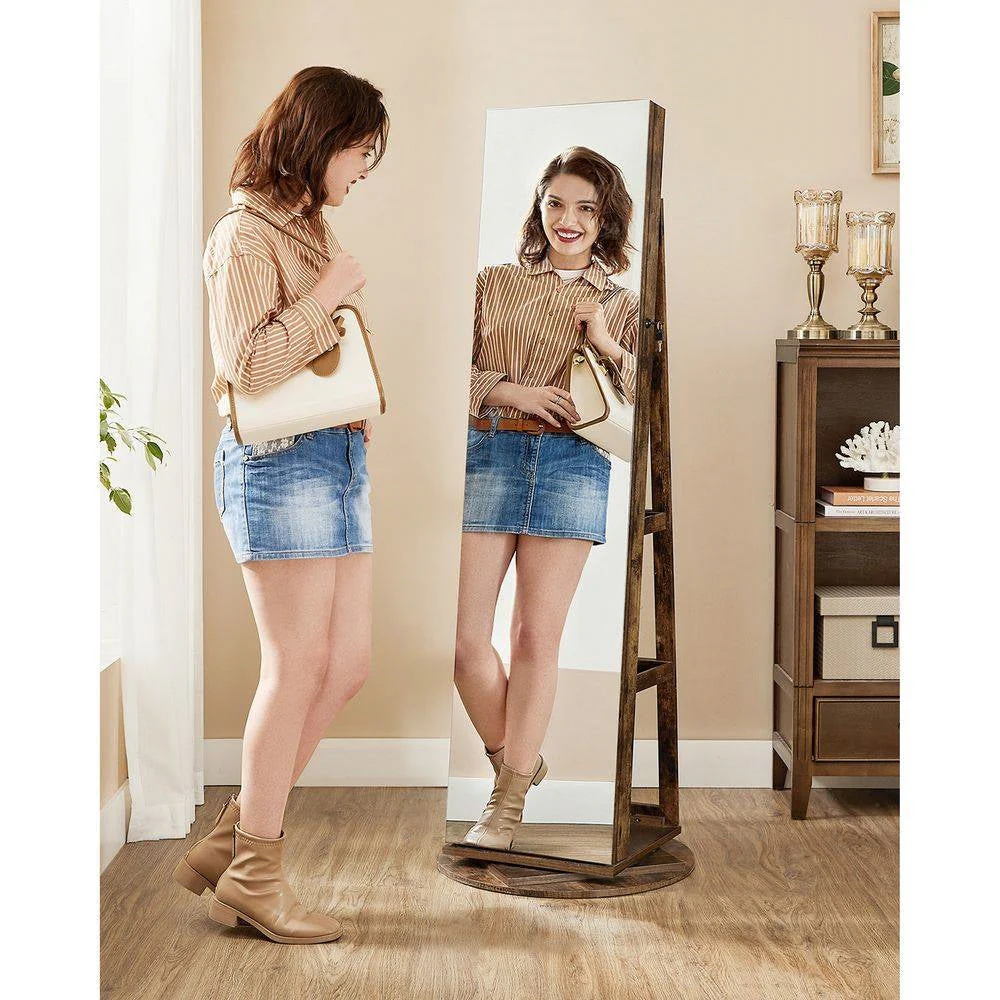 Rustic Brown Wood Jewelry Cabinet Armoire Organizer Freestanding Rotating Mirror - Image 2