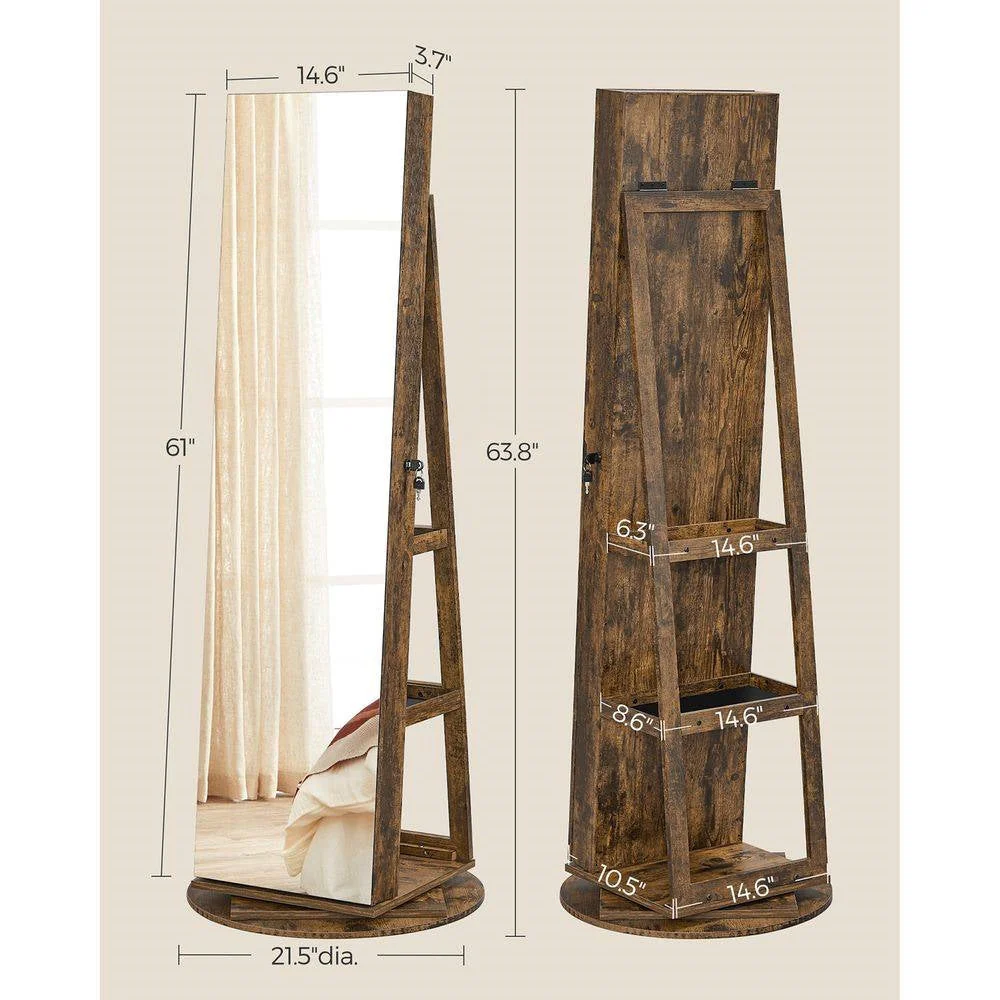 Rustic Brown Wood Jewelry Cabinet Armoire Organizer Freestanding Rotating Mirror - Image 3