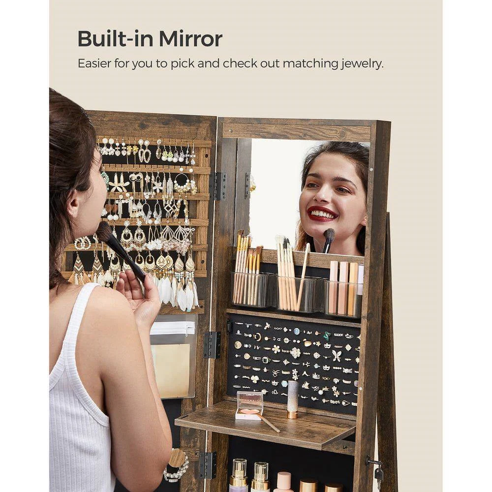 Rustic Brown Wood Jewelry Cabinet Armoire Organizer Freestanding Rotating Mirror - Image 4