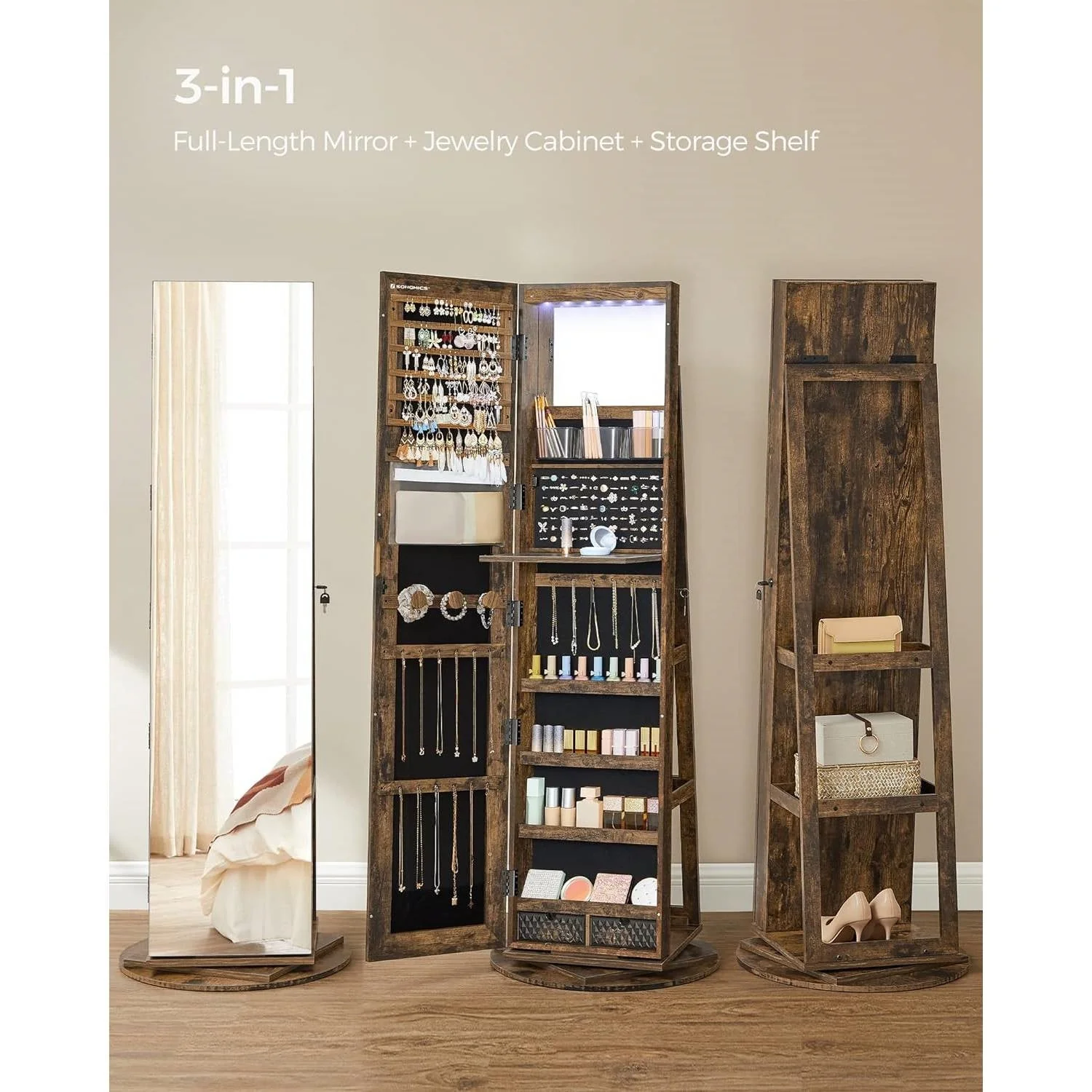 Rustic Brown Wood Jewelry Cabinet Armoire Organizer Freestanding Rotating Mirror - Image 5