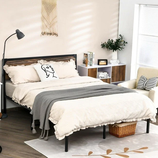 Rustic FarmHome Metal Wood Platform Bed Frame in Queen Size - Image 3