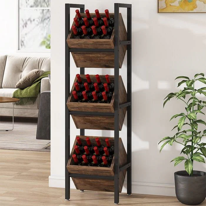 Rustic Farmhouse Industrial 3 Bin 36 Bottle Wine Rack Storage Display Shelf - Image 2