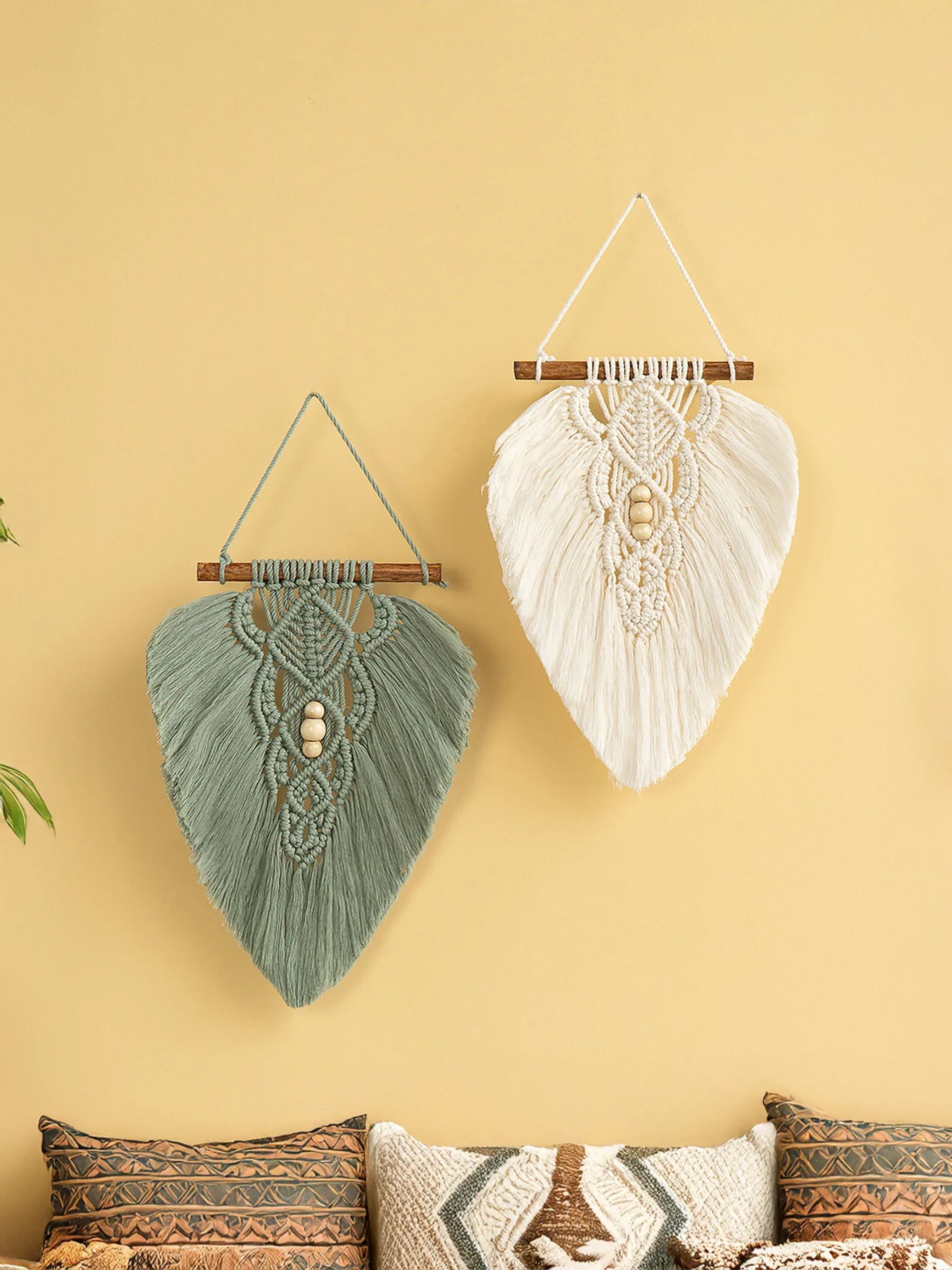 Rustic Green Natural Macrame Leaves - Image 2