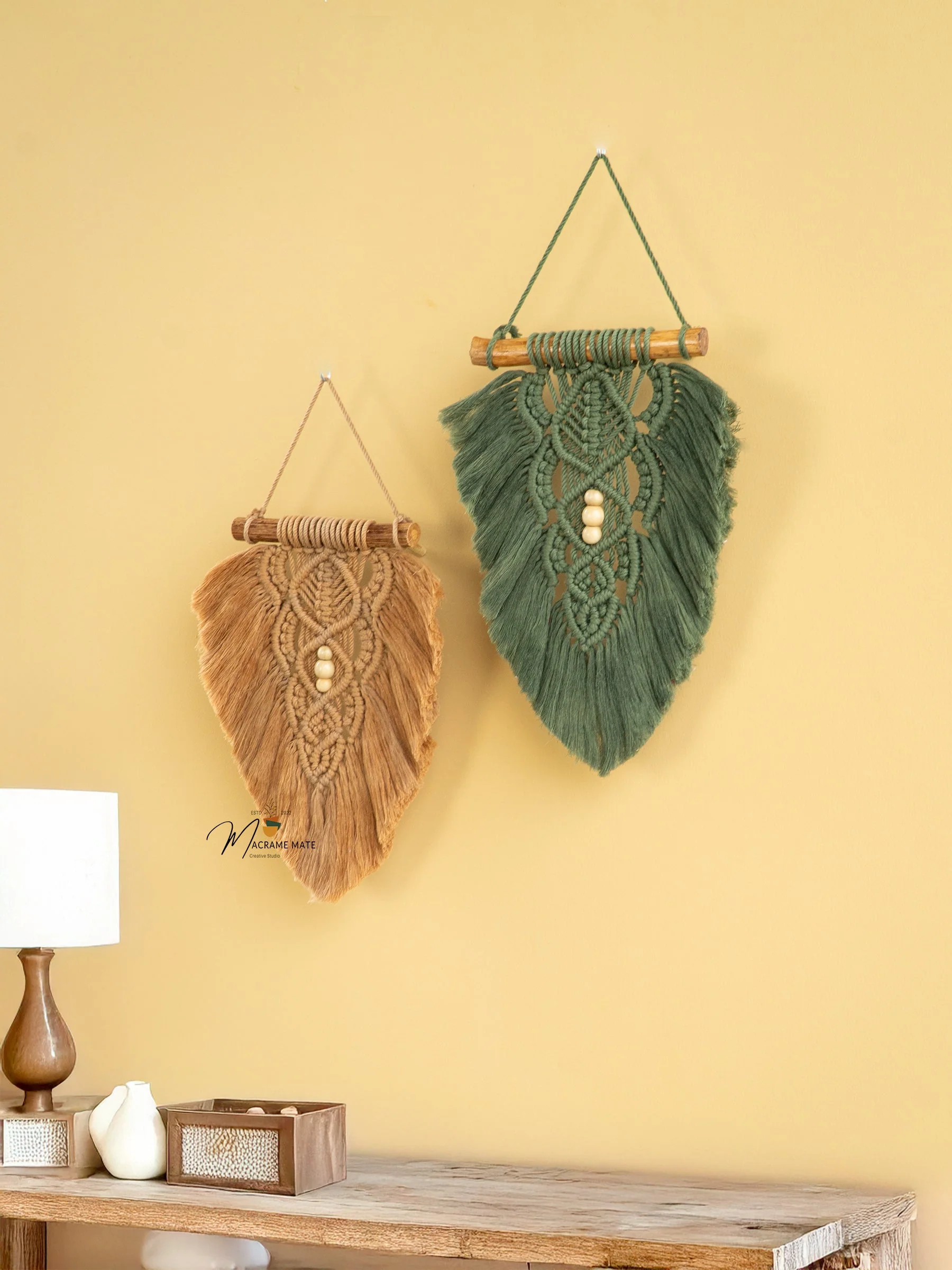Rustic Latte Olive Macrame Leaves - Image 2