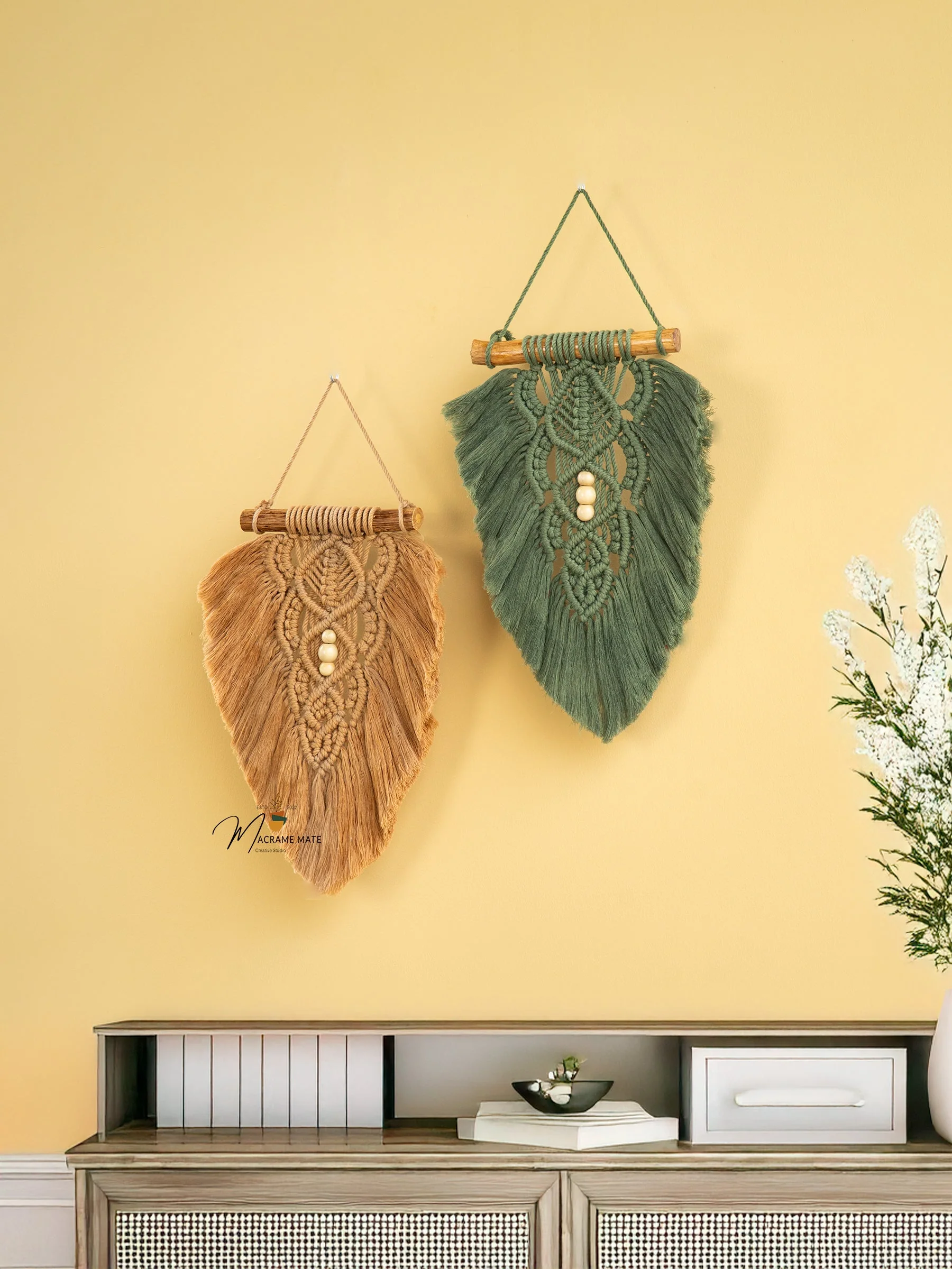 Rustic Latte Olive Macrame Leaves - Image 3