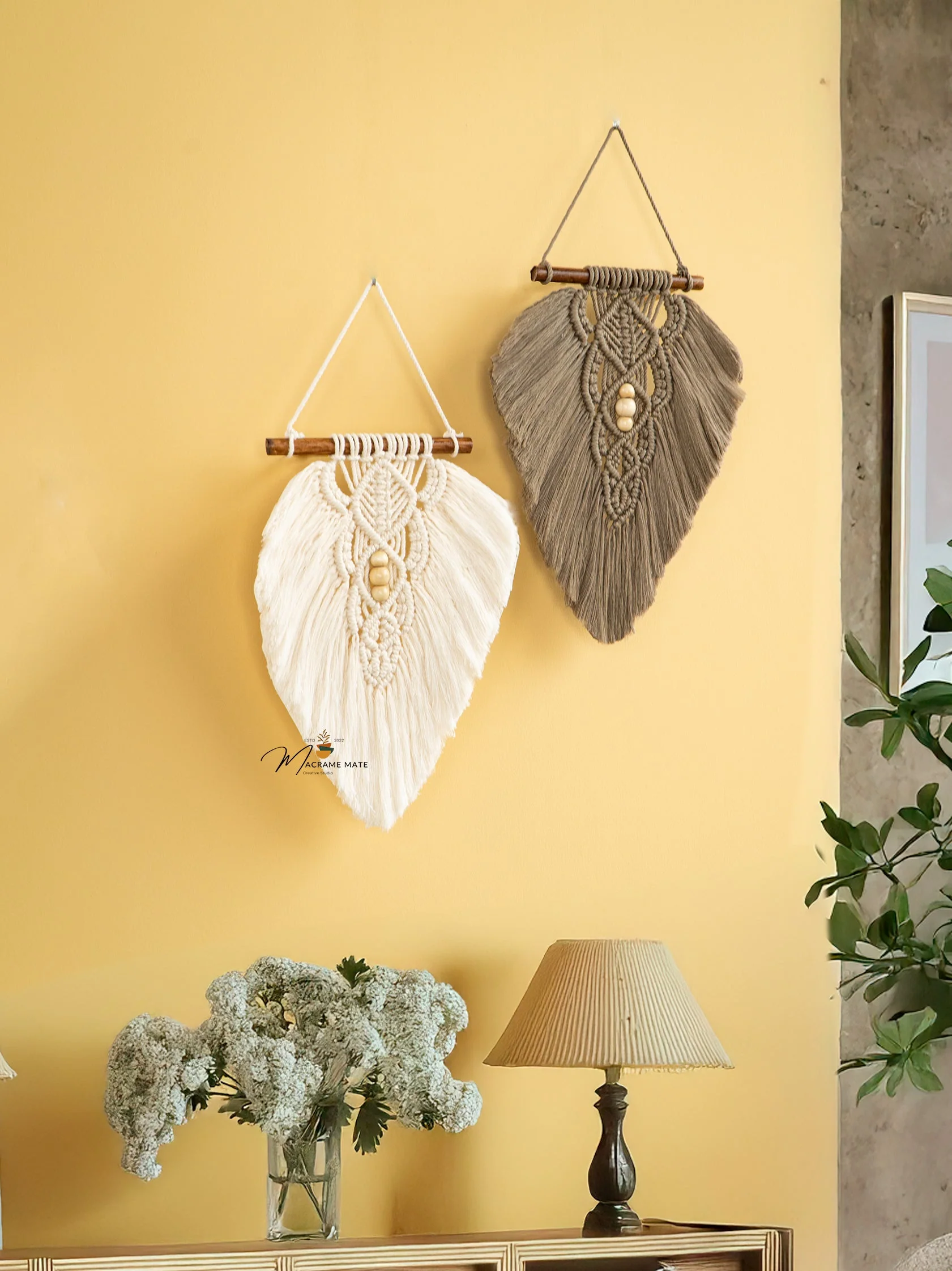 Rustic Natural Taupe Macrame Leaves - Image 2